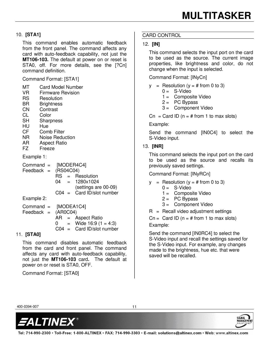 Altinex MT106-103 manual STA1, STA0, Card Control, 12, Inr 