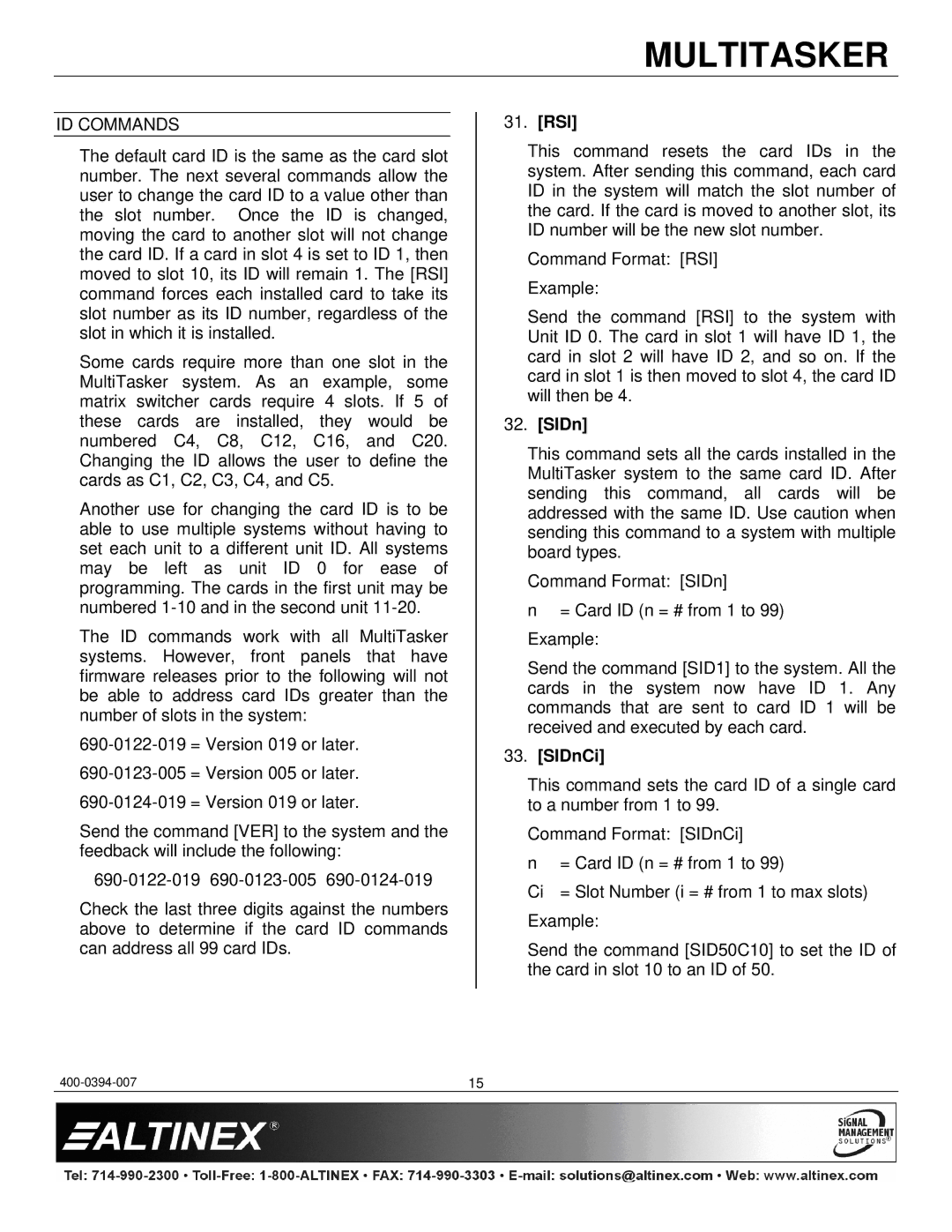 Altinex MT106-103 manual ID Commands, Rsi, SIDnCi 