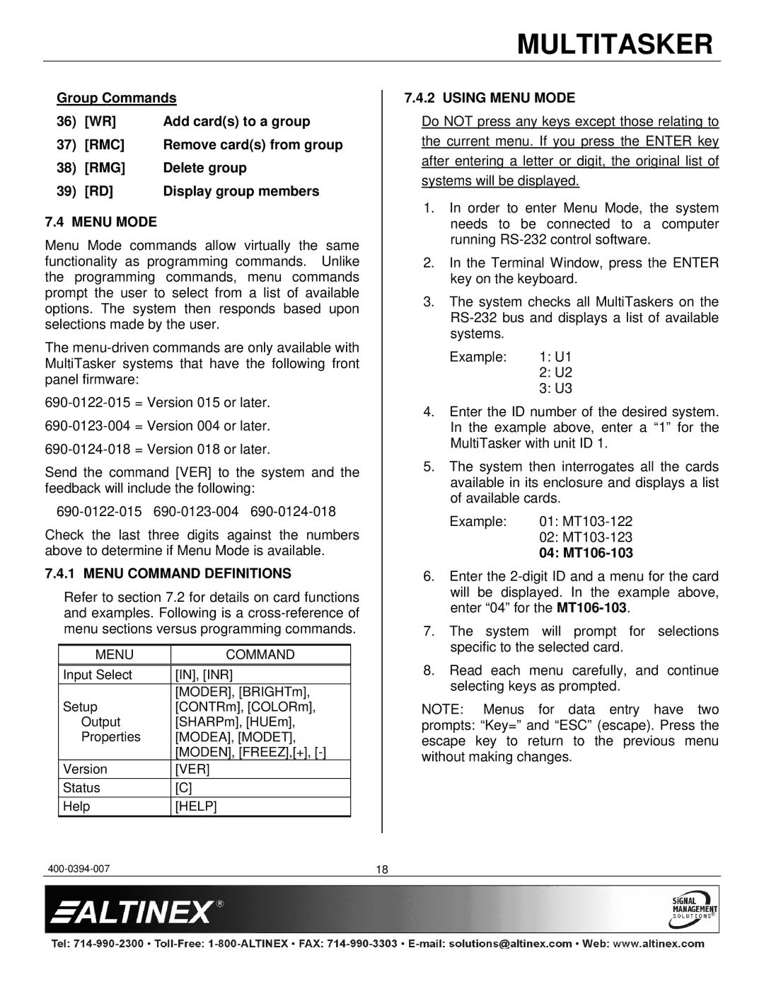 Altinex MT106-103 manual Rmc, Rmg, Menu Command Definitions, Using Menu Mode 