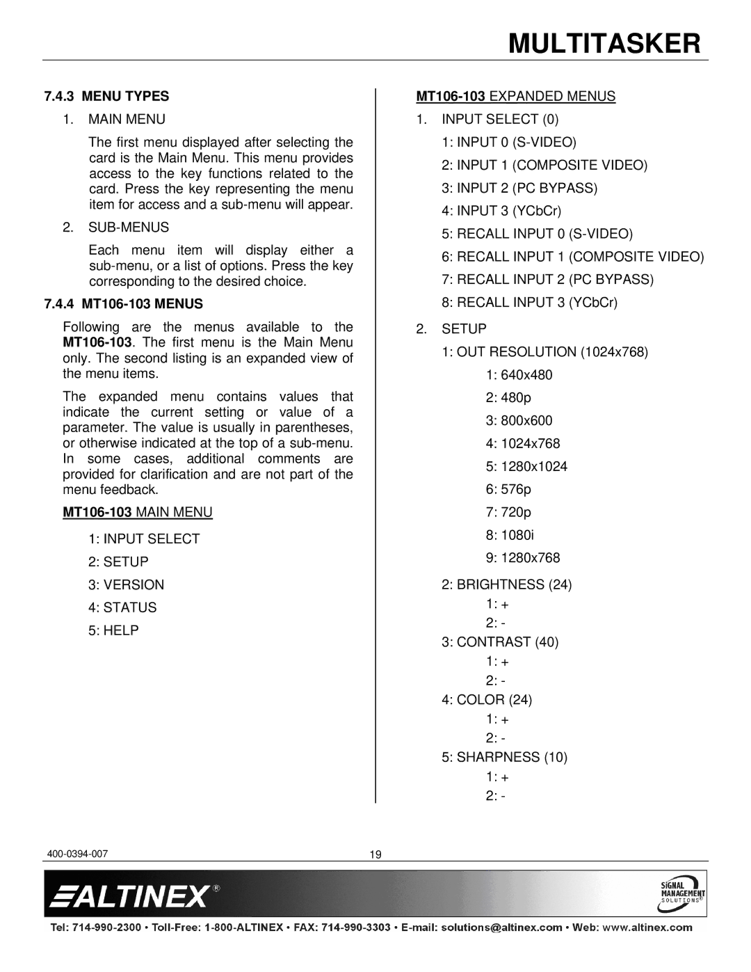 Altinex manual Menu Types, 4 MT106-103 Menus, MT106-103 Main Menu 