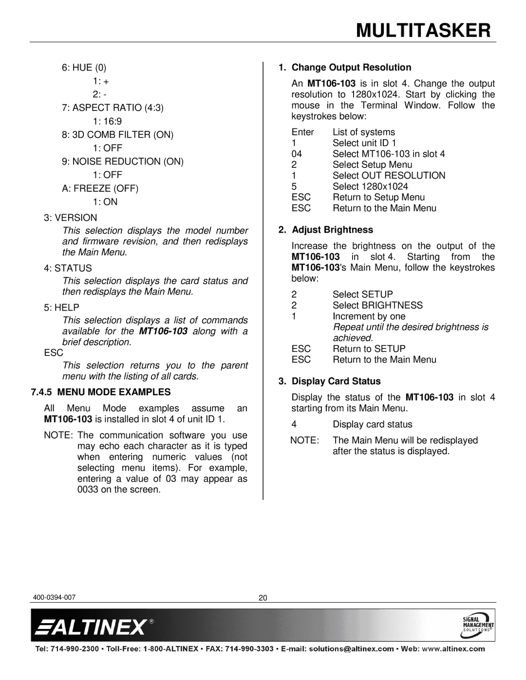 Altinex MT106-103 manual Menu Mode Examples, Change Output Resolution, Adjust Brightness 