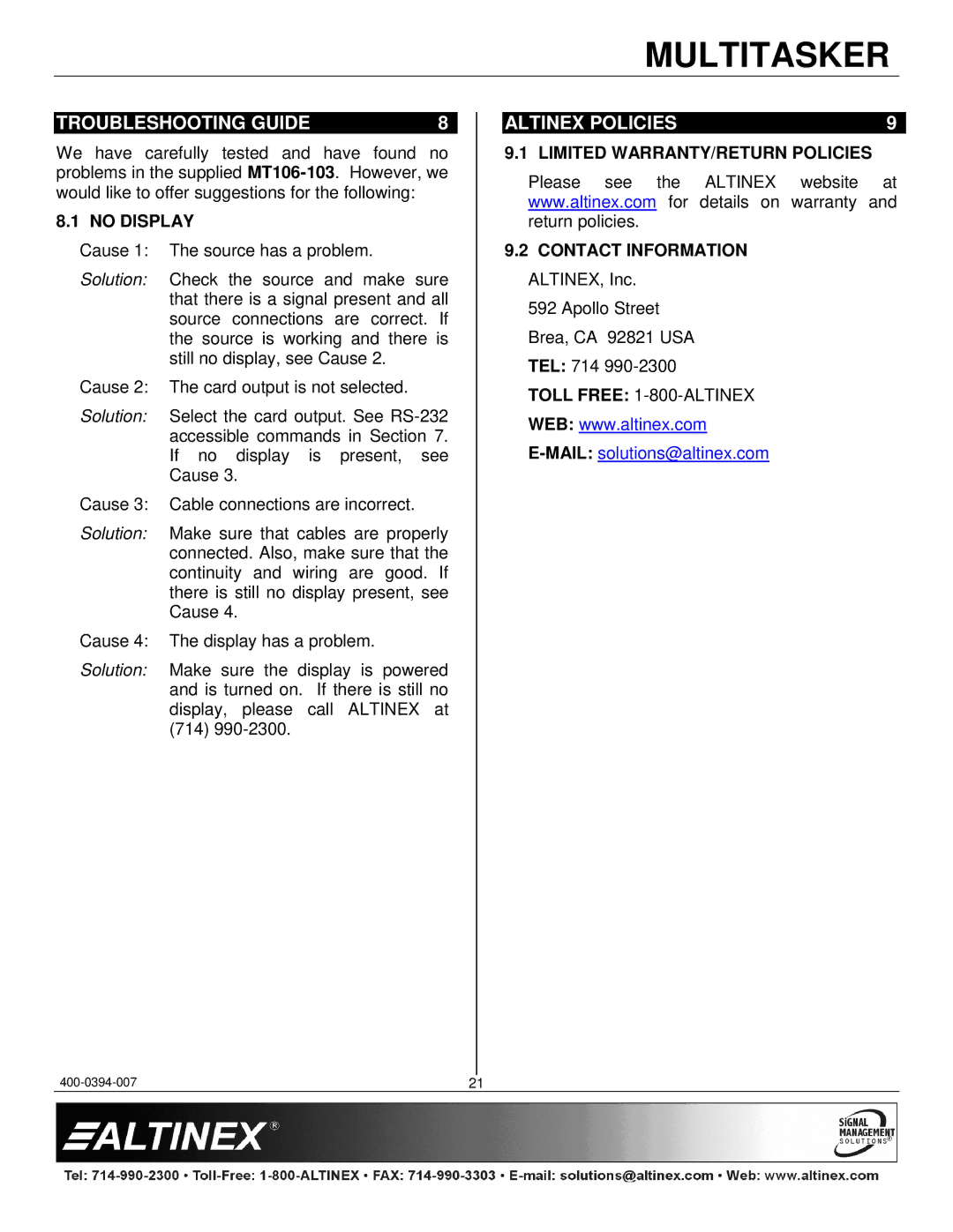 Altinex MT106-103 manual Troubleshooting Guide, Altinex Policies, No Display, Toll Free 1-800-ALTINEX 