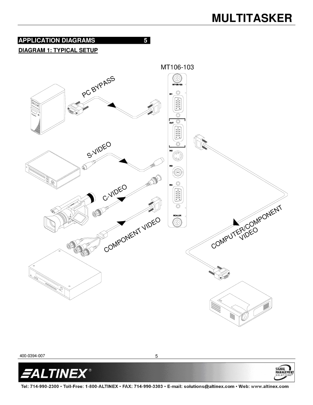 Altinex MT106-103 manual Application Diagrams, Diagram 1 Typical Setup, Bypass, Video S Component COMPUTERVIDEO/COMPONENT 