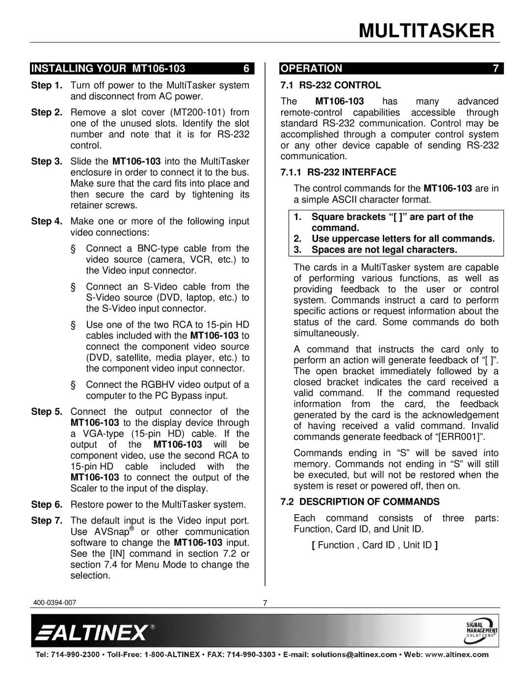 Altinex manual Installing Your MT106-103, Operation, RS-232 Control, 1 RS-232 Interface, Description of Commands 