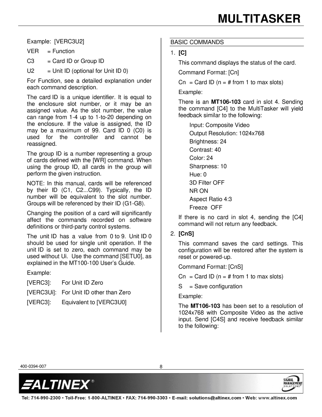 Altinex MT106-103 manual Basic Commands, NR on, CnS 