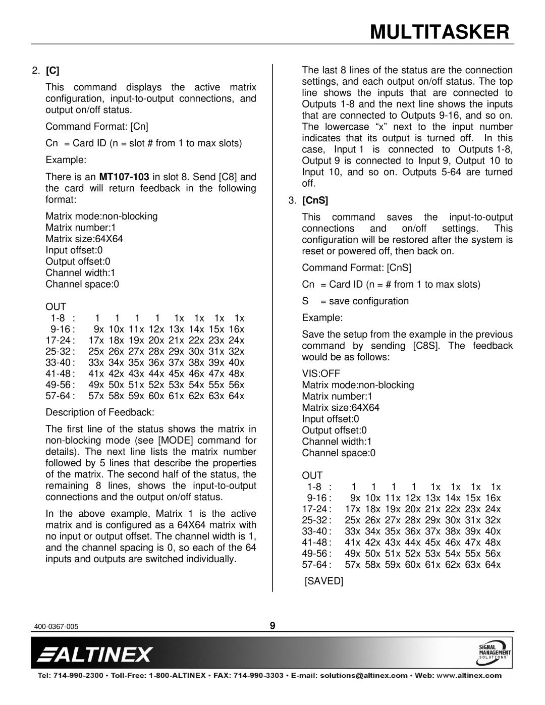 Altinex MT107-103 manual Out, CnS, Visoff, Saved 