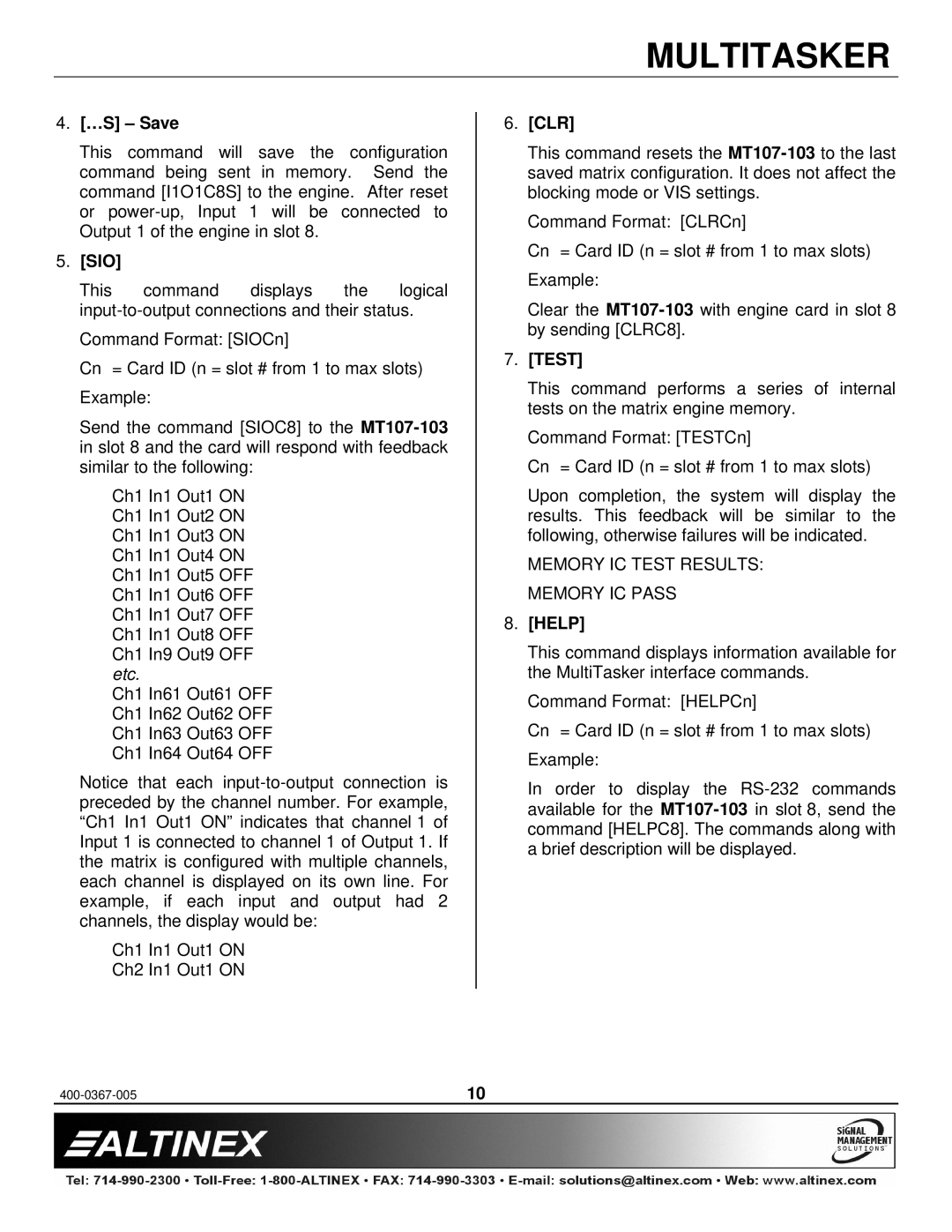 Altinex MT107-103 manual …S Save, Sio, Clr, Test, Help 