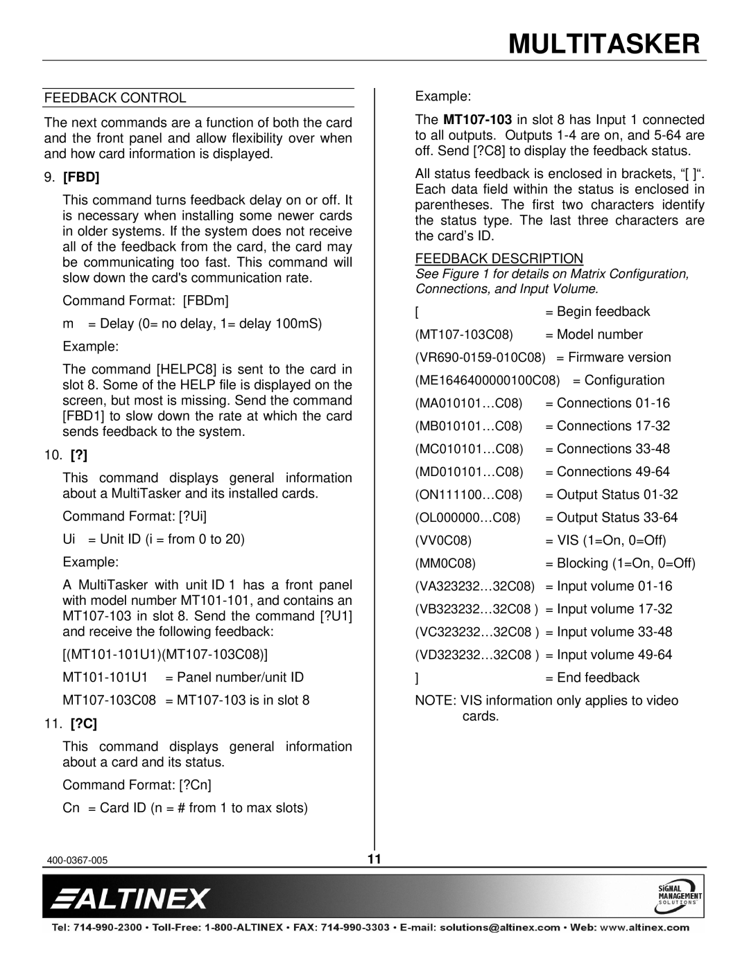 Altinex MT107-103 manual Feedback Control, Fbd, 10. ?, 11. ?C, Feedback Description 