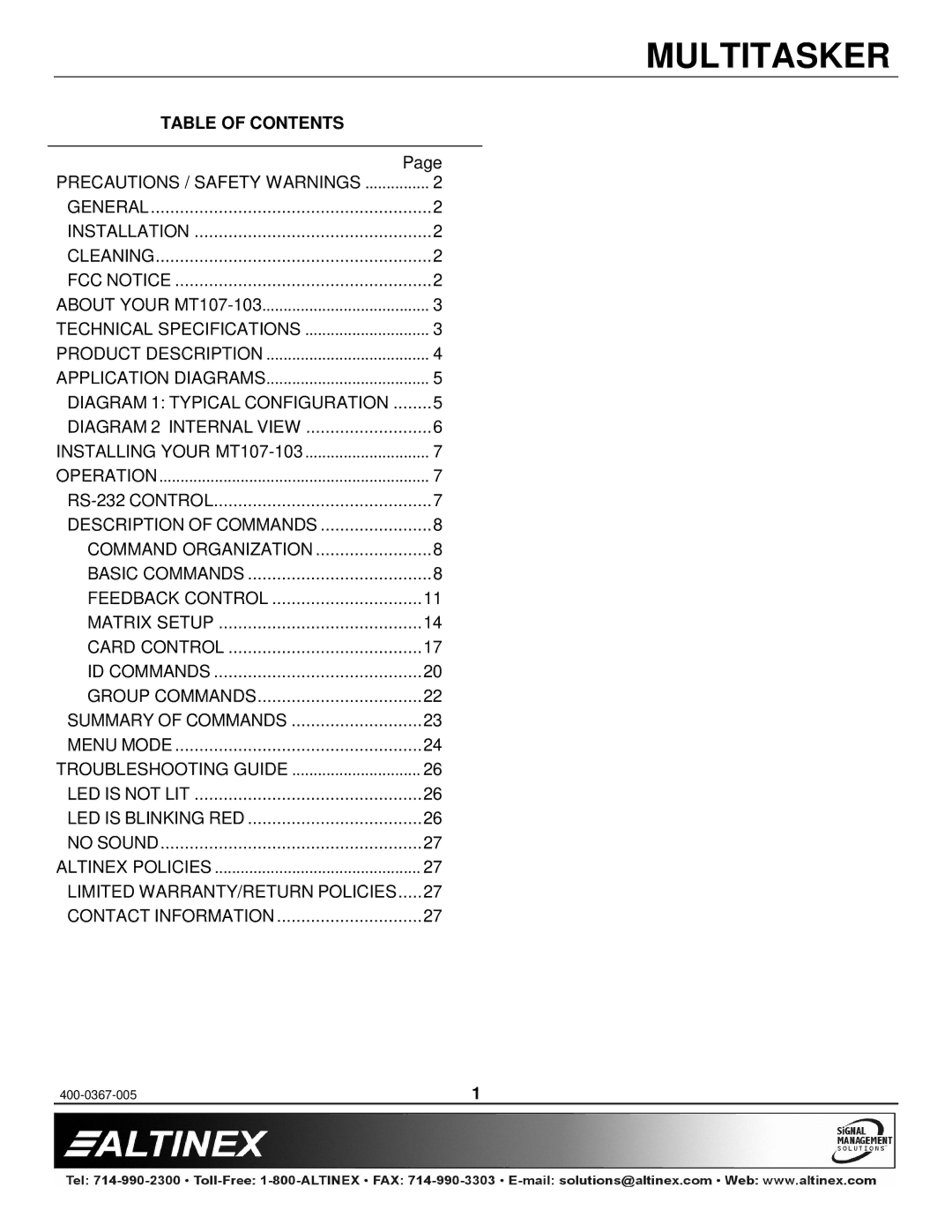 Altinex MT107-103 manual Table of Contents 