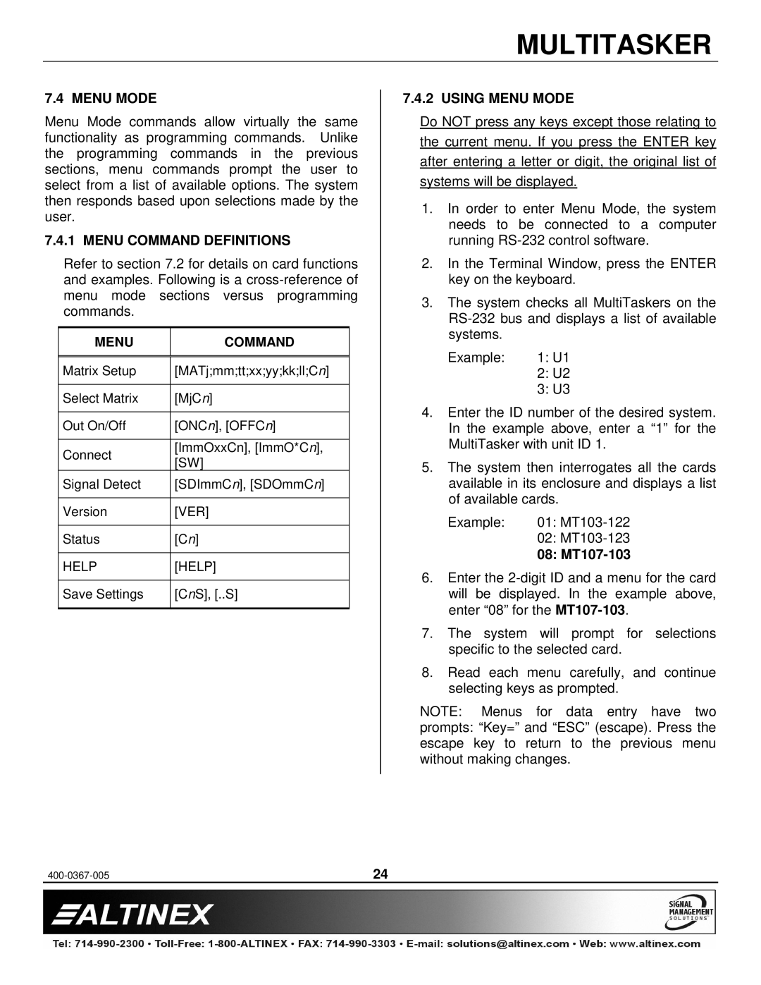 Altinex manual Menu Command Definitions, Using Menu Mode, 08 MT107-103 