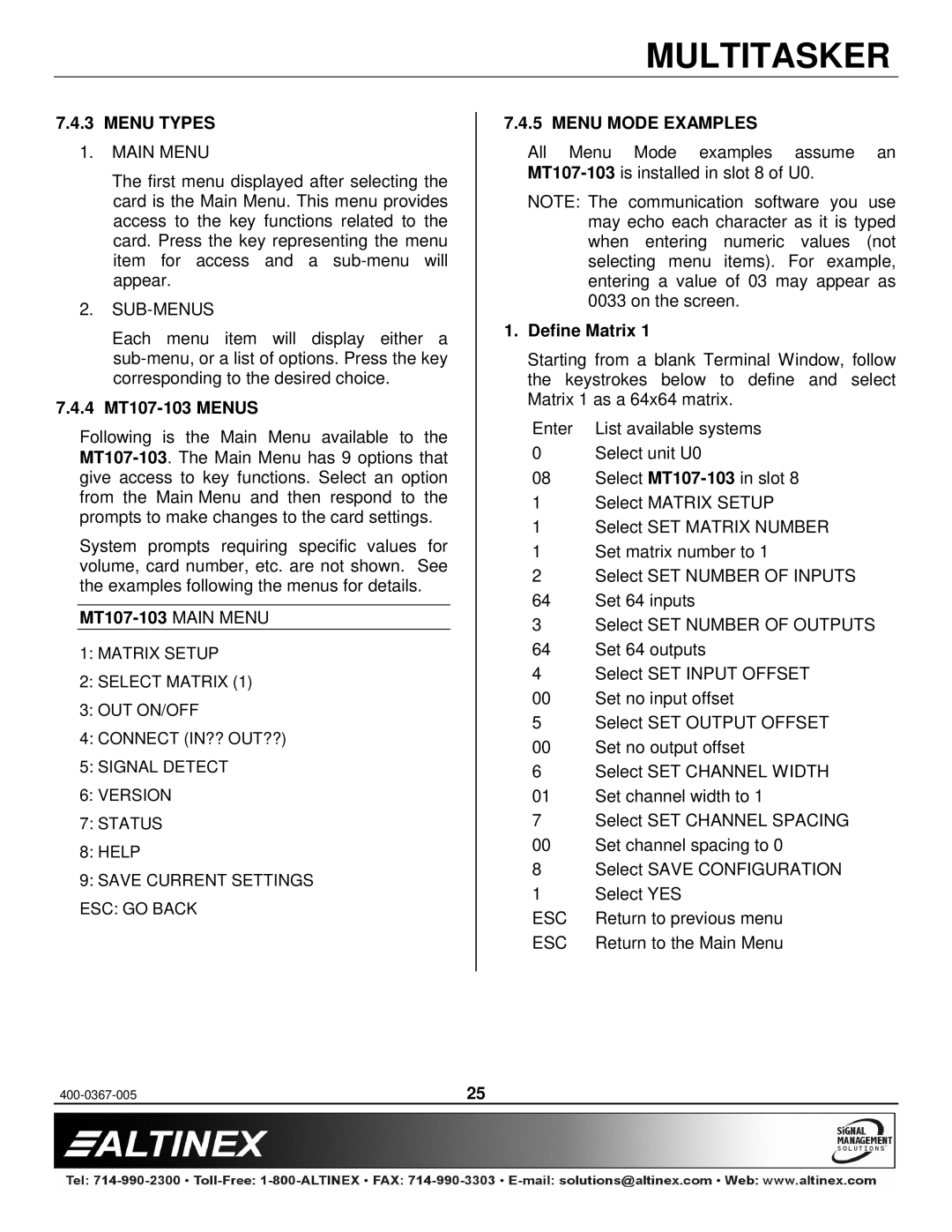 Altinex manual Menu Types, 4 MT107-103 Menus, MT107-103 Main Menu, Menu Mode Examples, Define Matrix 