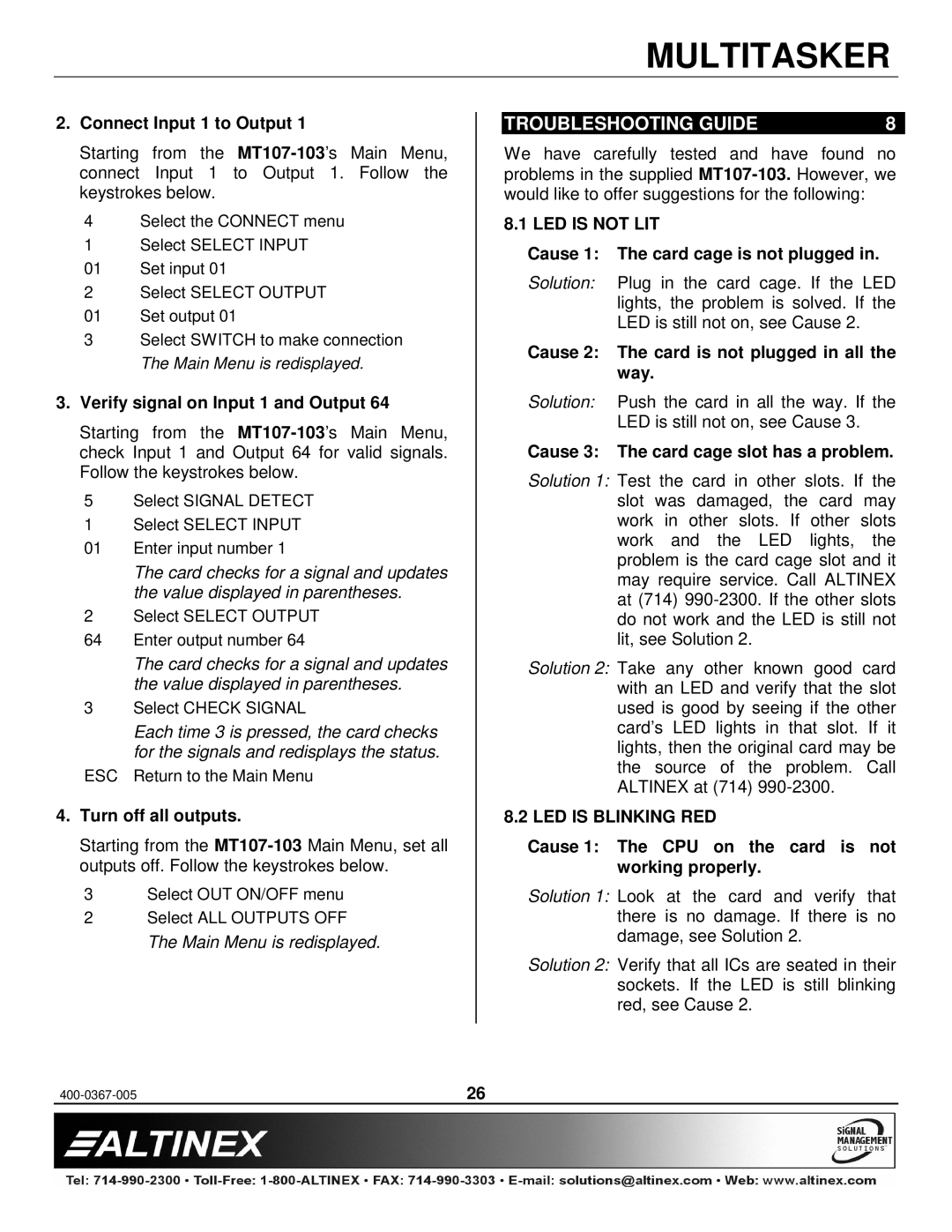 Altinex MT107-103 manual Troubleshooting Guide, LED is not LIT, LED is Blinking RED 