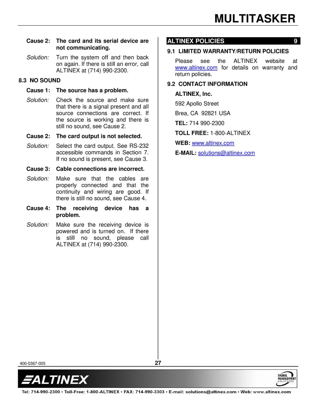 Altinex MT107-103 manual Altinex Policies, No Sound, Limited WARRANTY/RETURN Policies 