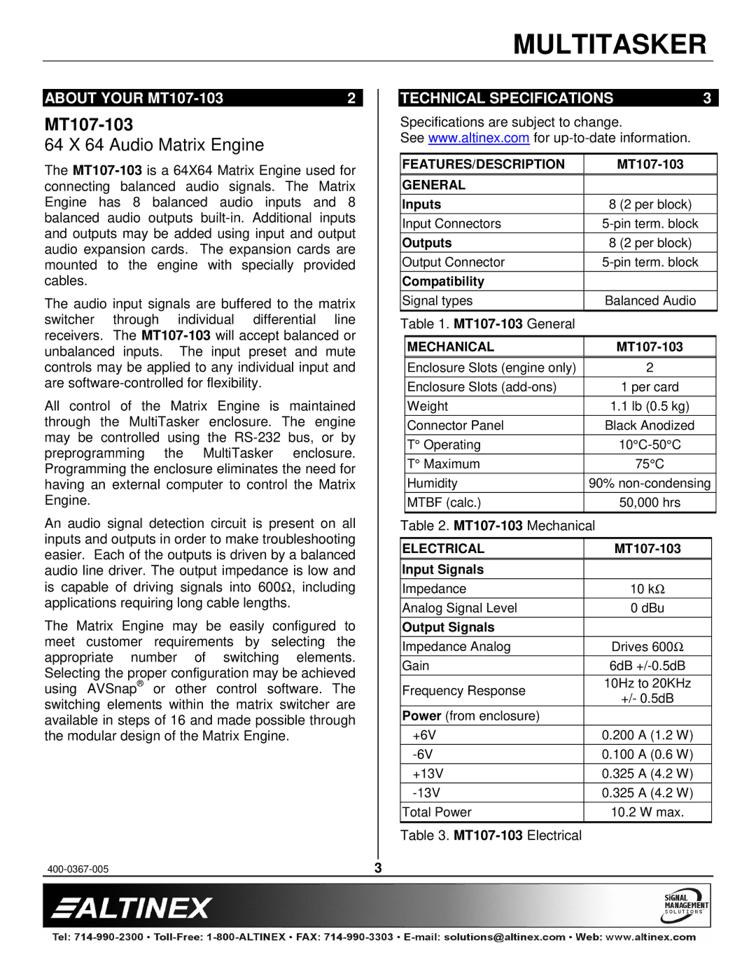 Altinex manual About Your MT107-103, Technical Specifications 