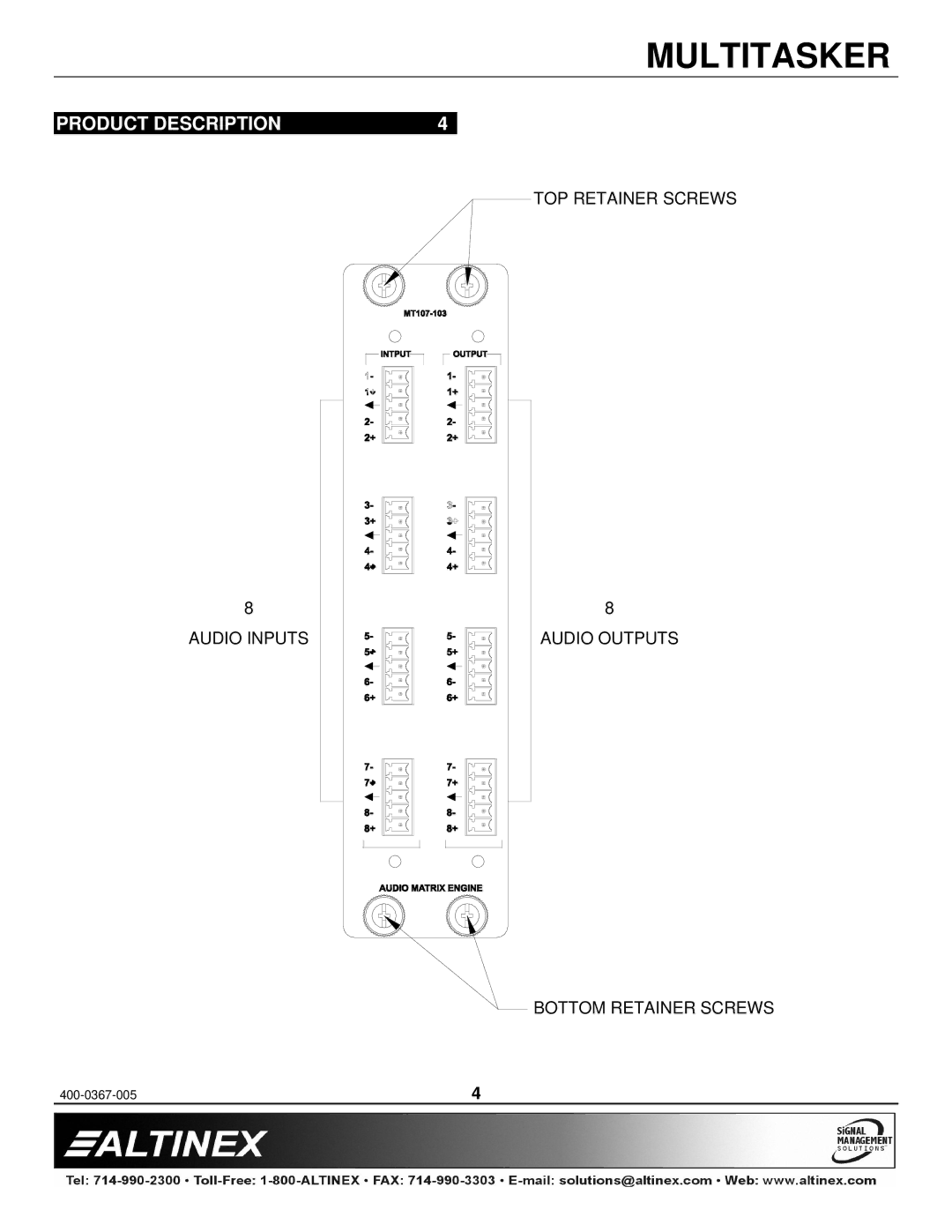 Altinex MT107-103 manual Product Description 