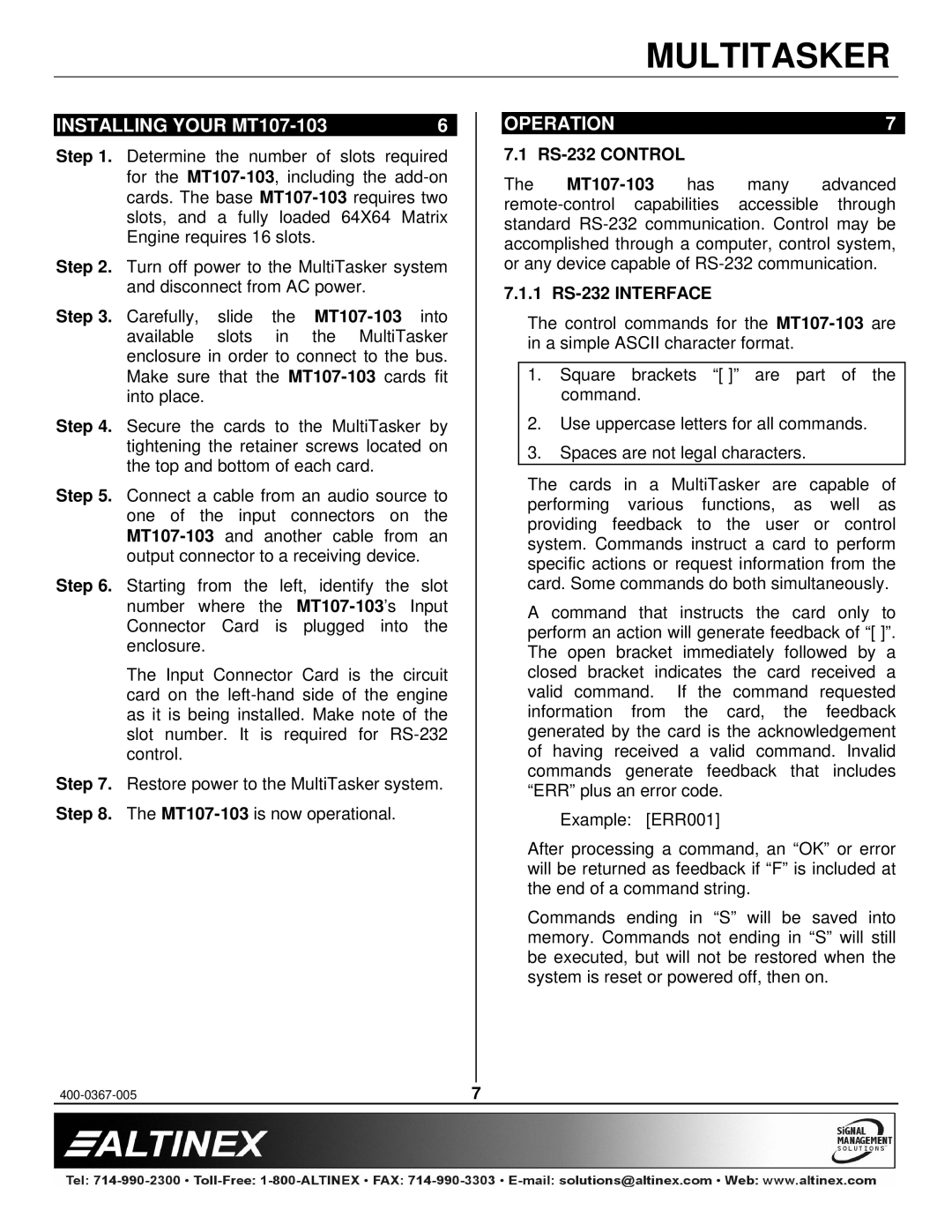 Altinex manual Installing Your MT107-103, Operation, RS-232 Control, 1 RS-232 Interface 