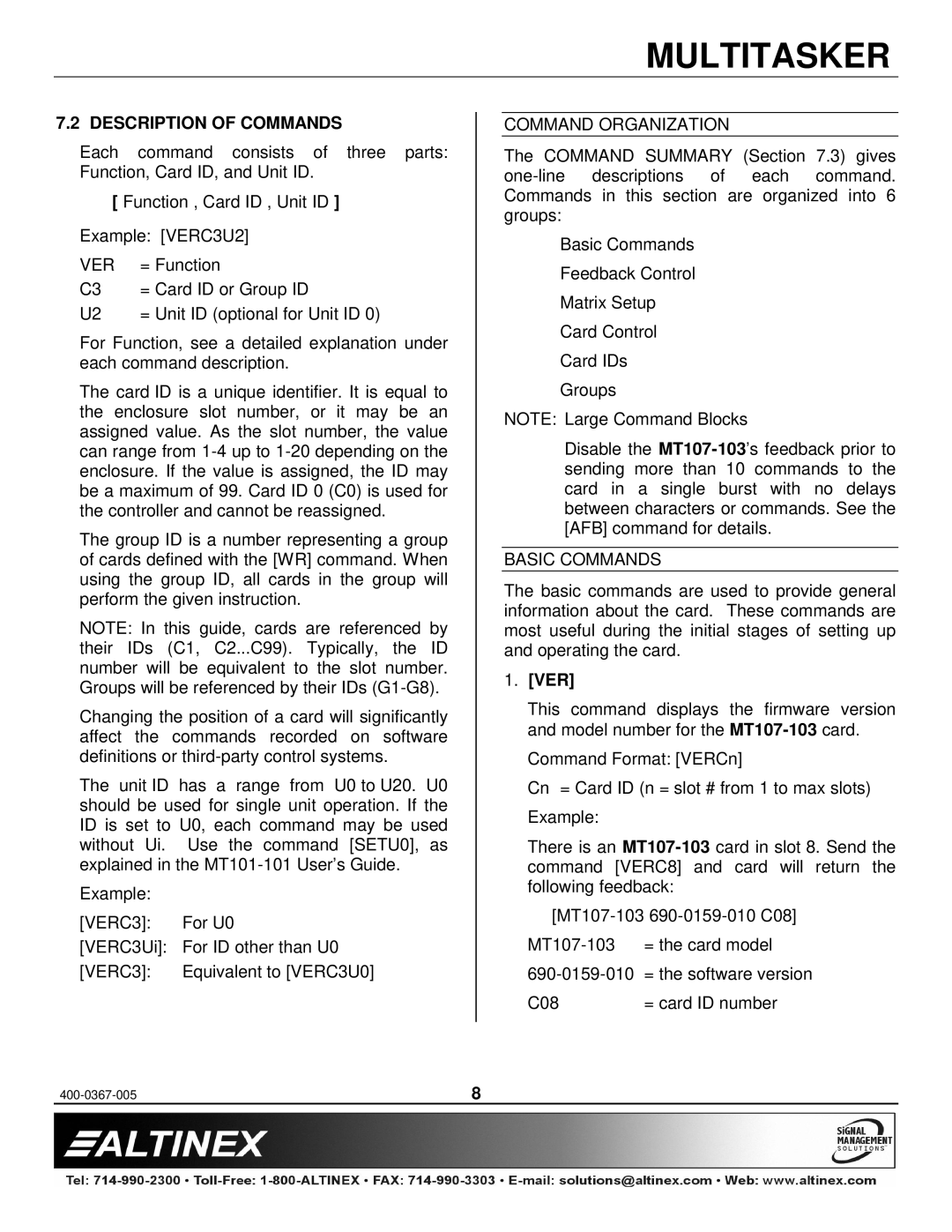 Altinex MT107-103 manual Description of Commands, Command Organization, Basic Commands, Ver 