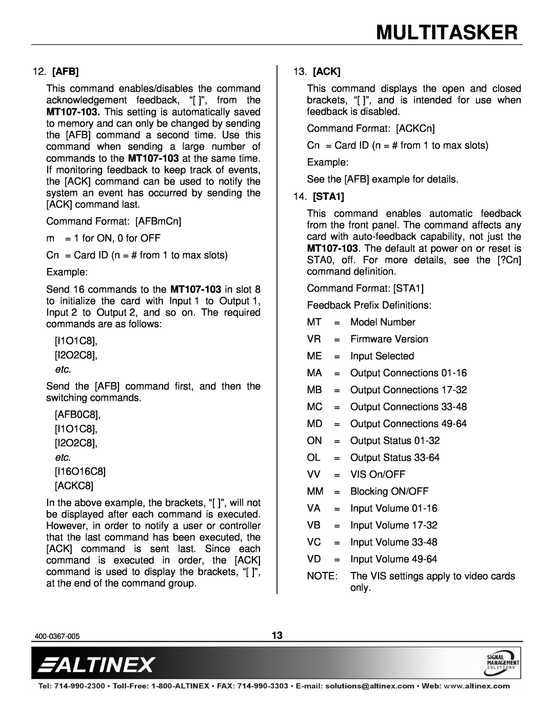 Altinex MT107-103 manual Afb, Ack, STA1, Multitasker 