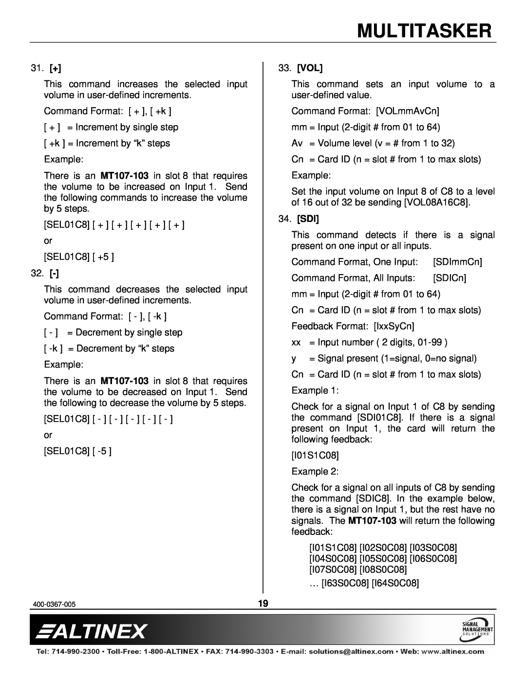 Altinex MT107-103 manual 31. +, Vol, Sdi, Multitasker 