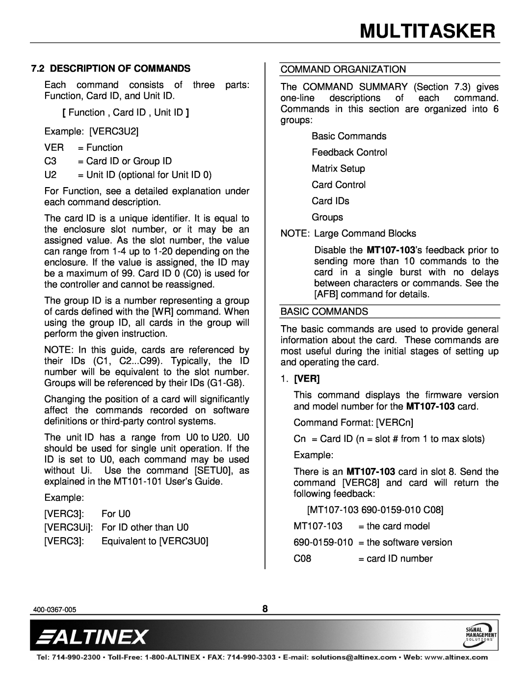 Altinex MT107-103 manual Description Of Commands, Ver, Multitasker 