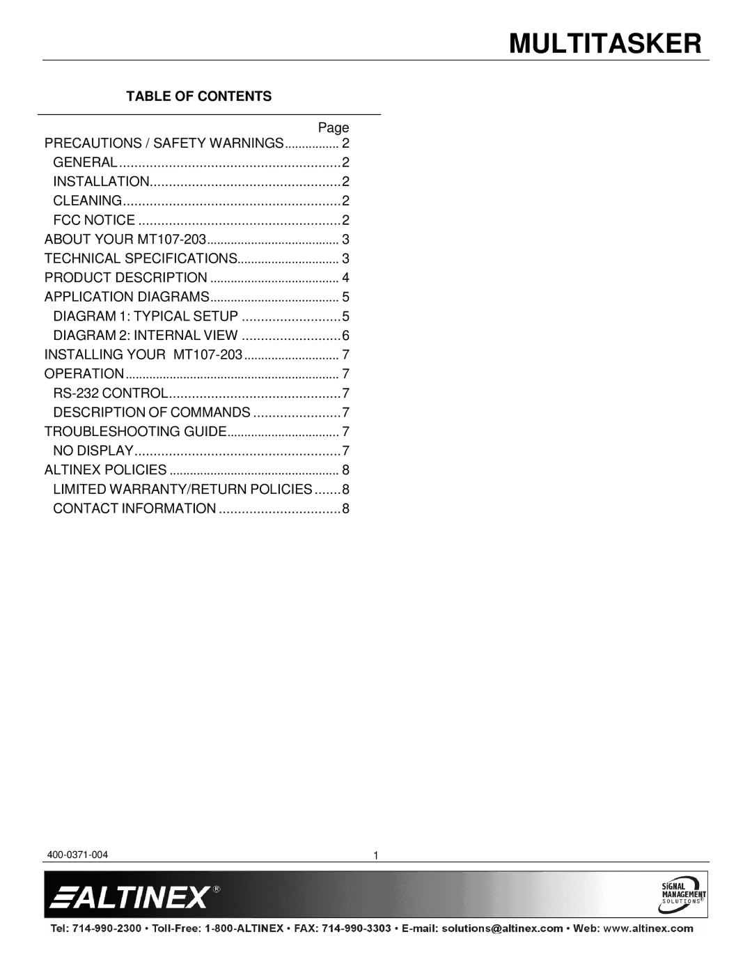 Altinex MT107-203 manual Table of Contents 