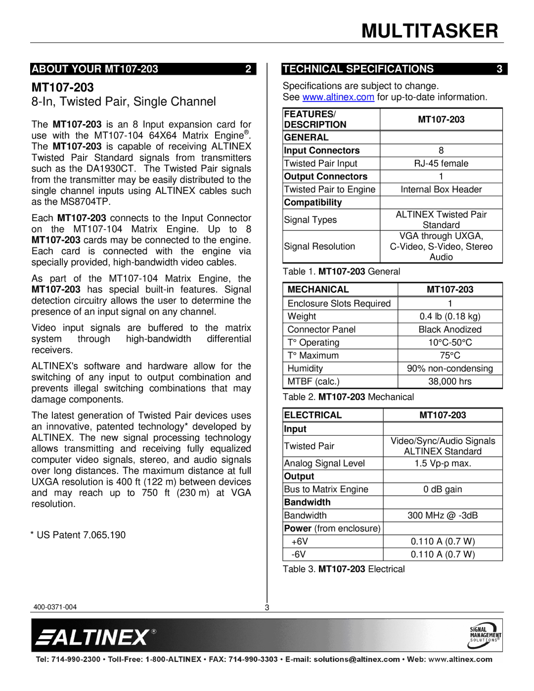 Altinex manual About Your MT107-203, Technical Specifications 