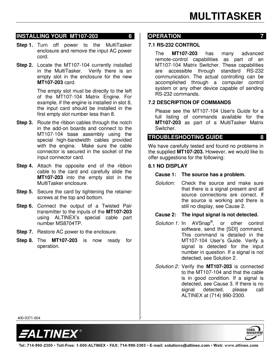 Altinex manual Installing Your MT107-203, Operation, Troubleshooting Guide, Description of Commands, No Display 