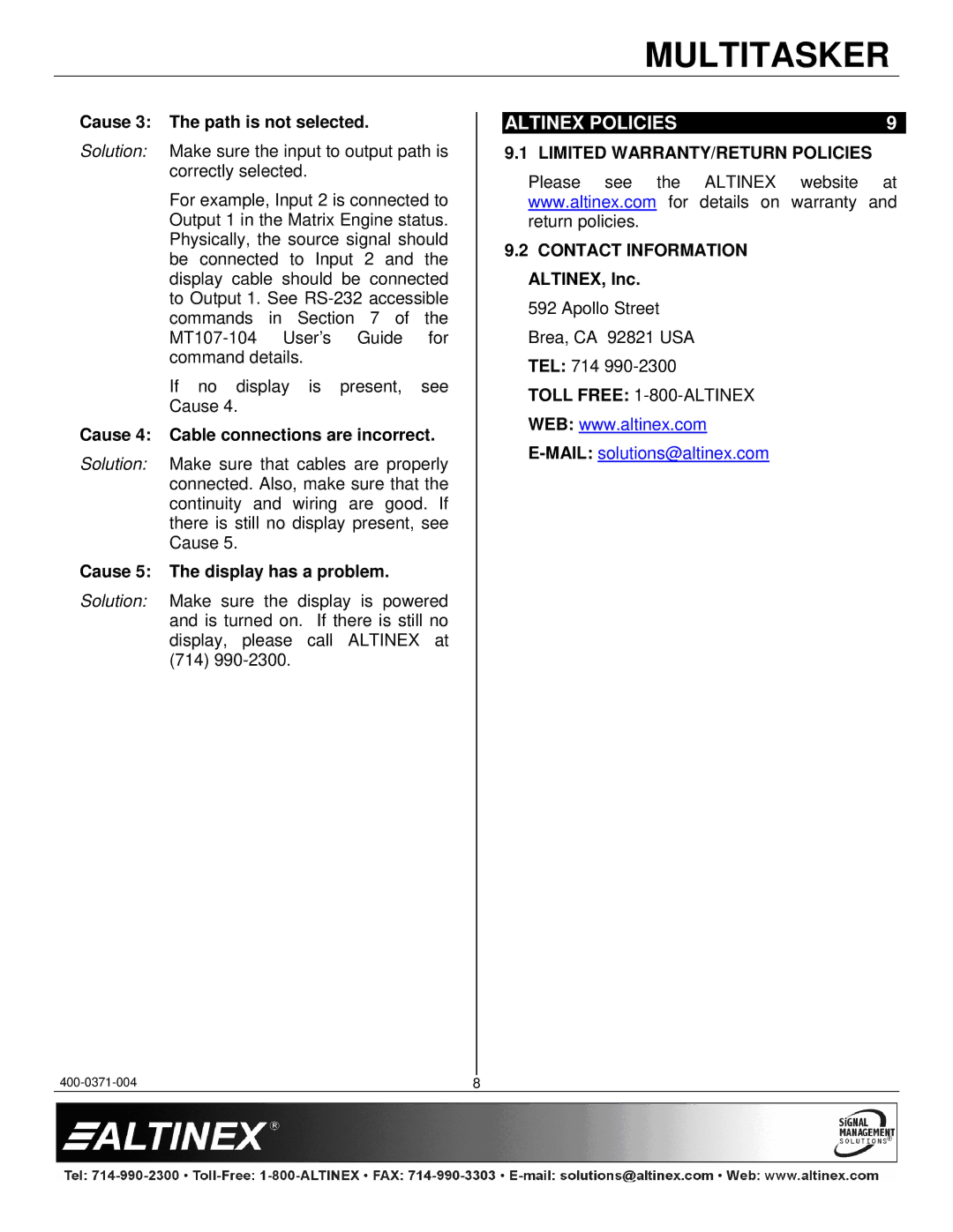 Altinex MT107-203 manual Altinex Policies, Limited WARRANTY/RETURN Policies 