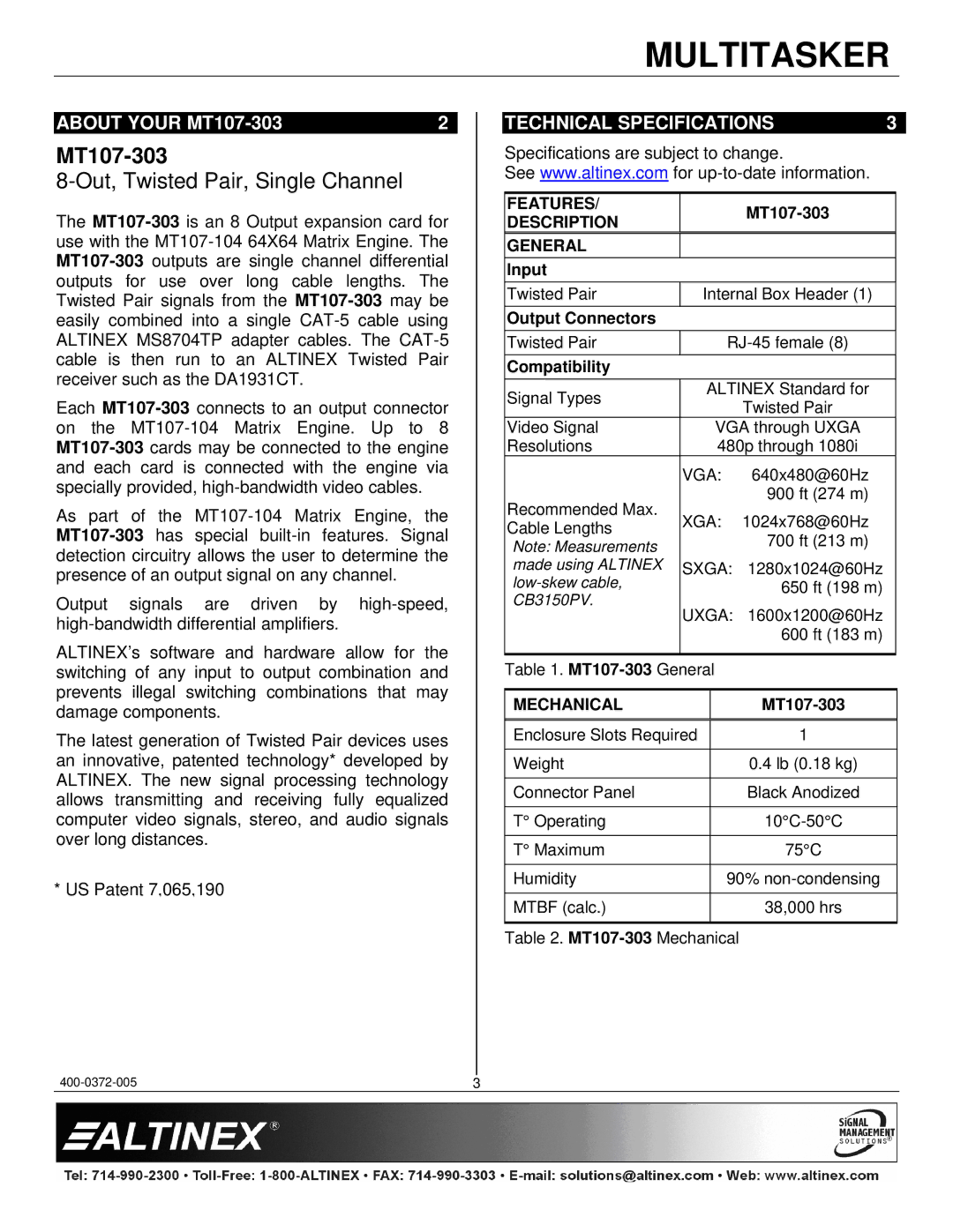 Altinex manual About Your MT107-303, Technical Specifications, Features, Description General, Mechanical 