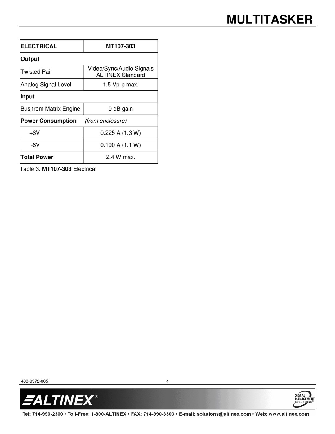 Altinex MT107-303 manual Electrical 