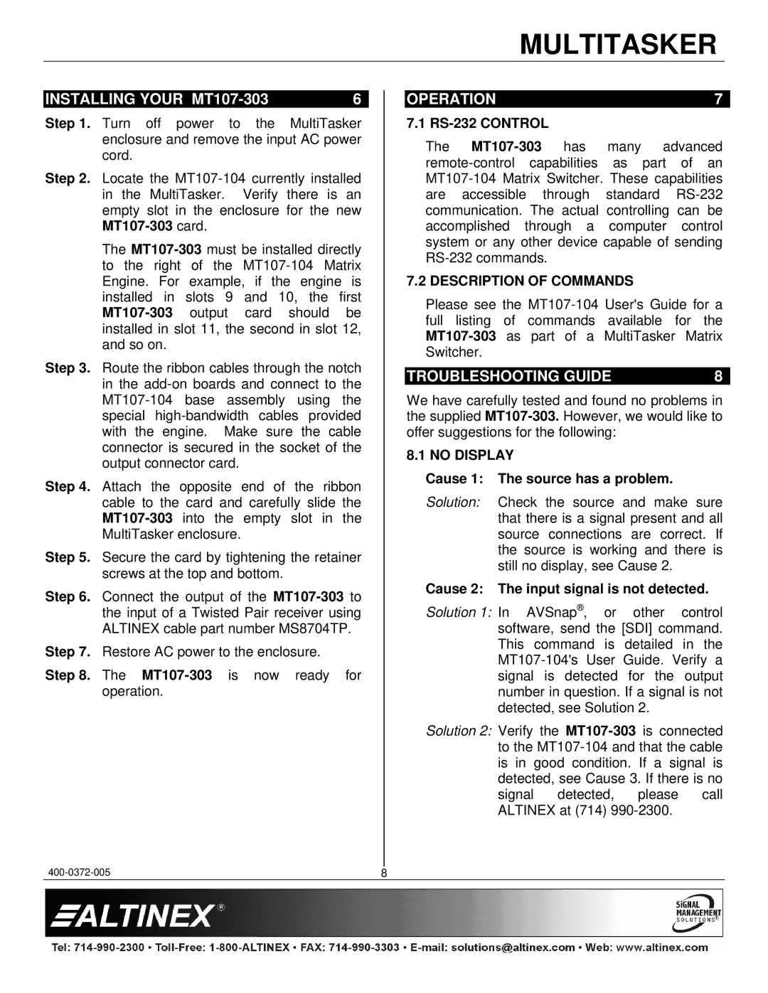 Altinex manual Installing Your MT107-303, Operation, Troubleshooting Guide, Description of Commands, No Display 