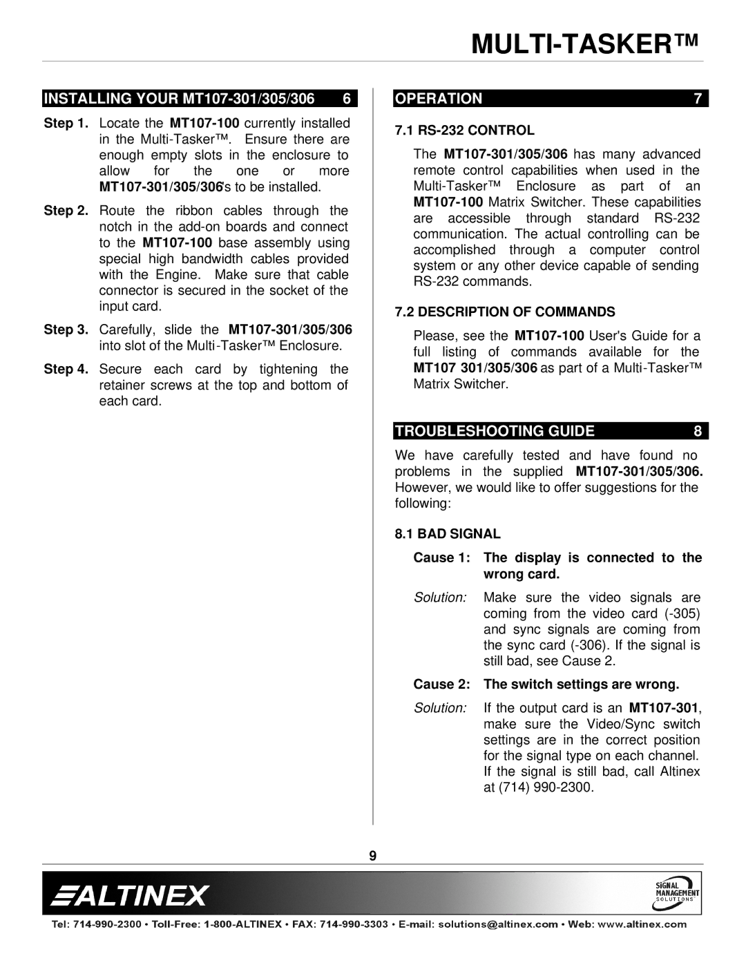 Altinex MT107-305, MT107-306, MT107-301 manual Operation, Troubleshooting Guide, Description of Commands, BAD Signal 