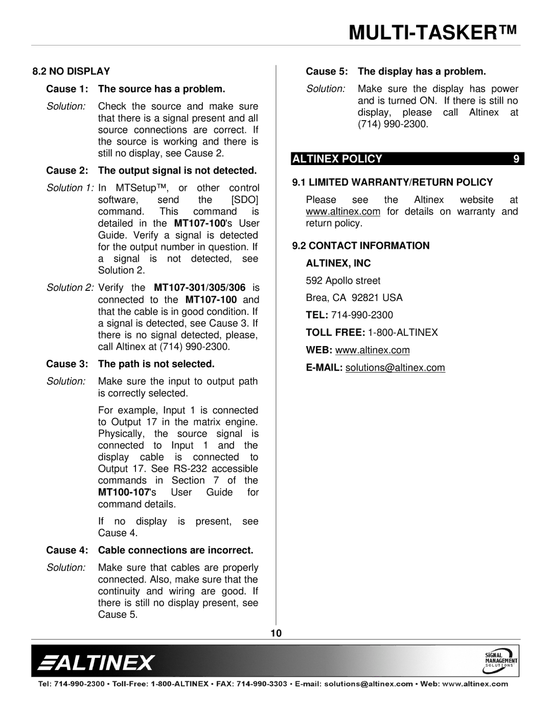 Altinex MT107-301, MT107-306, MT107-305 manual Altinex Policy, No Display 