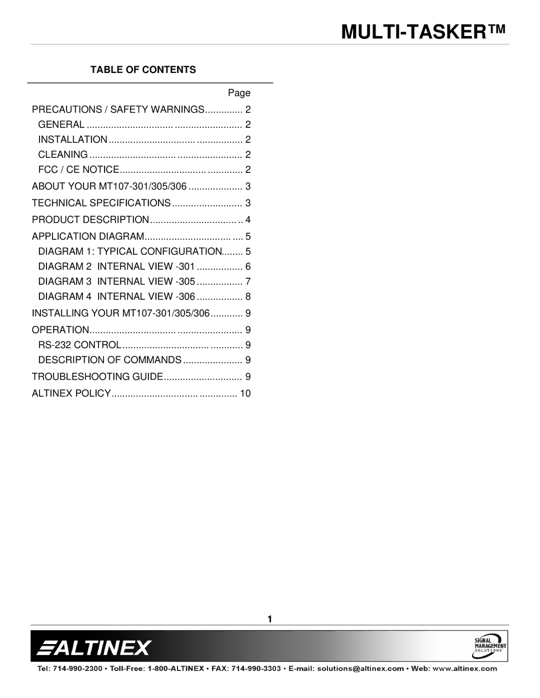 Altinex MT107-301, MT107-306, MT107-305 manual Table of Contents 