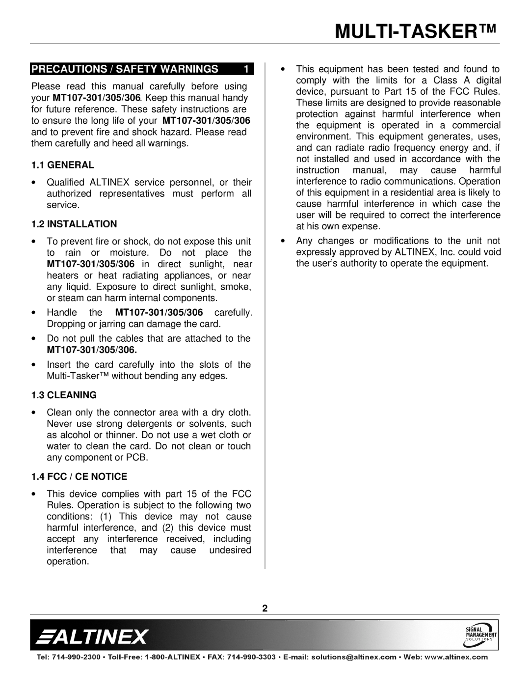 Altinex MT107-306, MT107-305, MT107-301 Precautions / Safety Warnings, General, Installation, Cleaning, FCC / CE Notice 