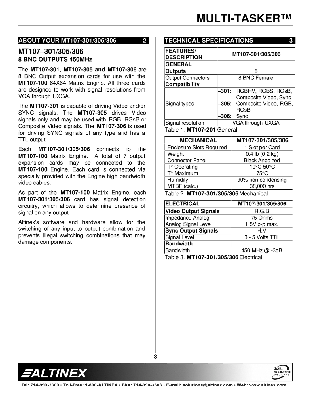 Altinex MT107-305, MT107-306, MT107-301 manual Technical Specifications, BNC Outputs 450MHz, Mechanical 