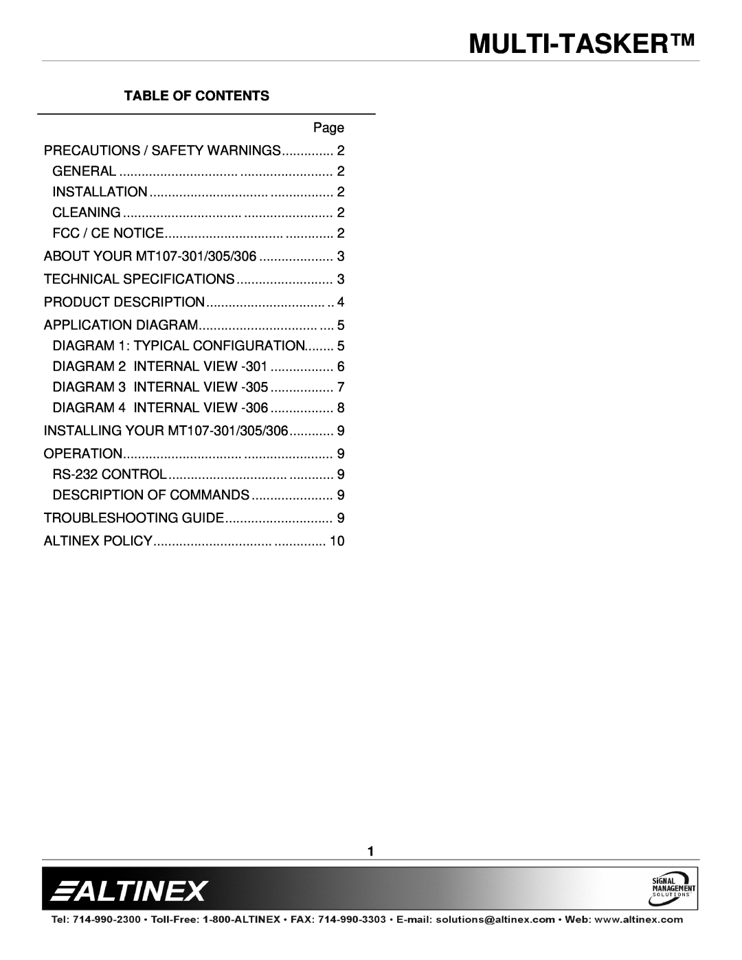 Altinex MT107-301, MT107-306, MT107-305 manual Table Of Contents, Multi-Tasker, Page, Application Diagram 