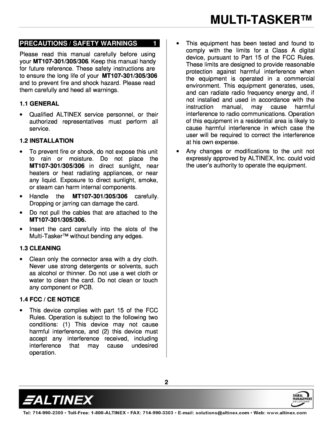 Altinex MT107-306 manual Precautions / Safety Warnings, General, Installation, MT107-301/305/306, Cleaning, Fcc / Ce Notice 