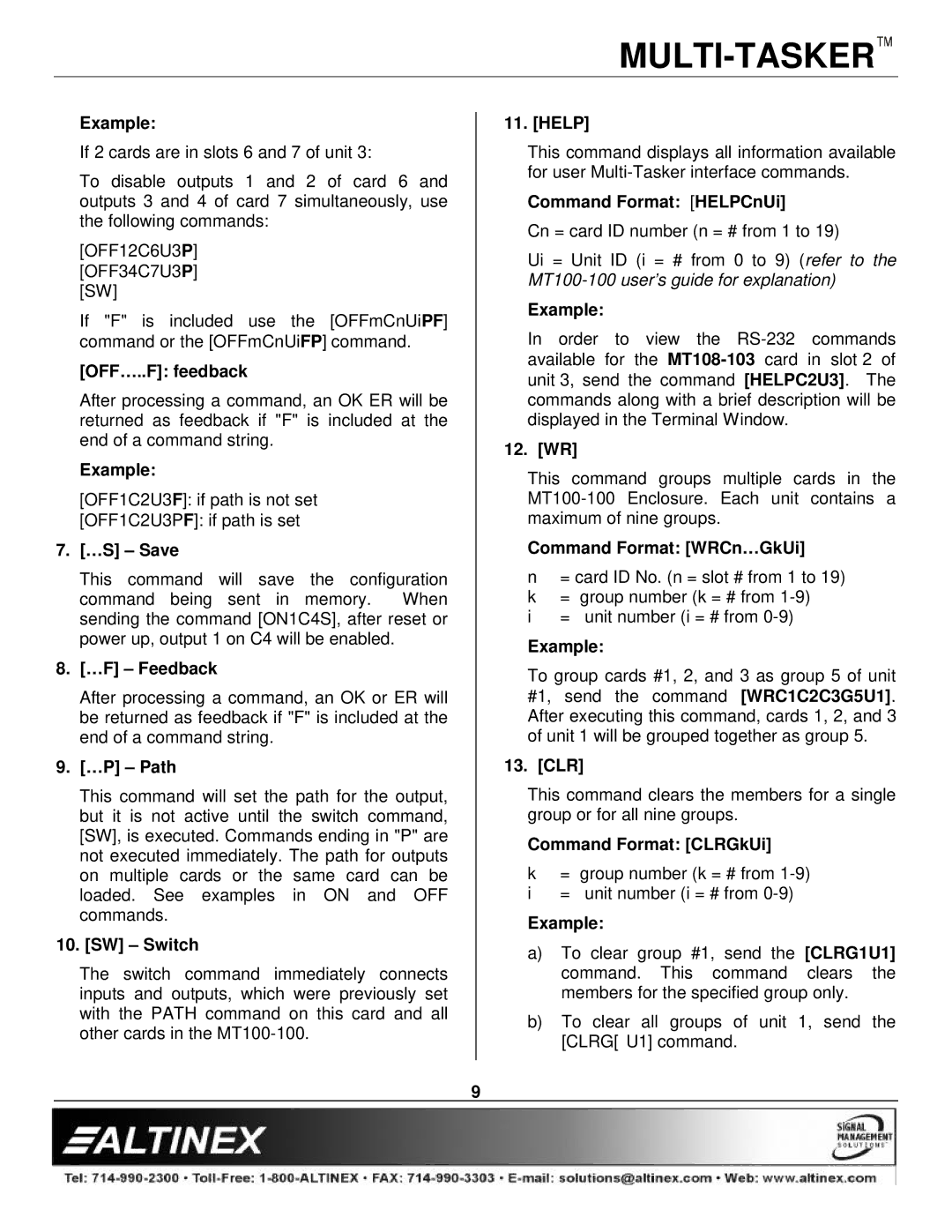 Altinex MT108-102 OFF…..F feedback, …S Save, …F Feedback, …P Path, SW Switch, Help, Command Format HELPCnUi, 12. WR, Clr 