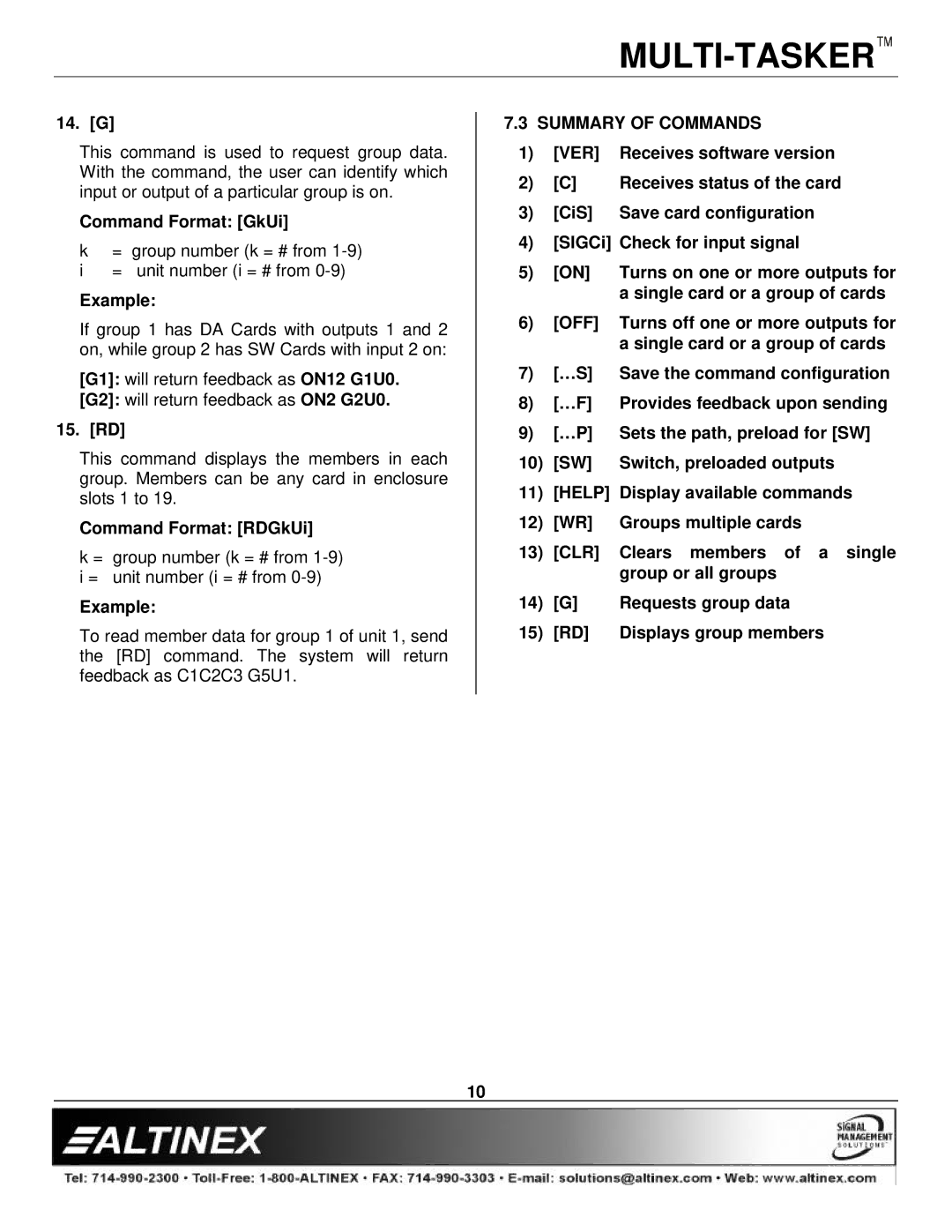 Altinex MT108-102 manual Summary of Commands, Off, Help 