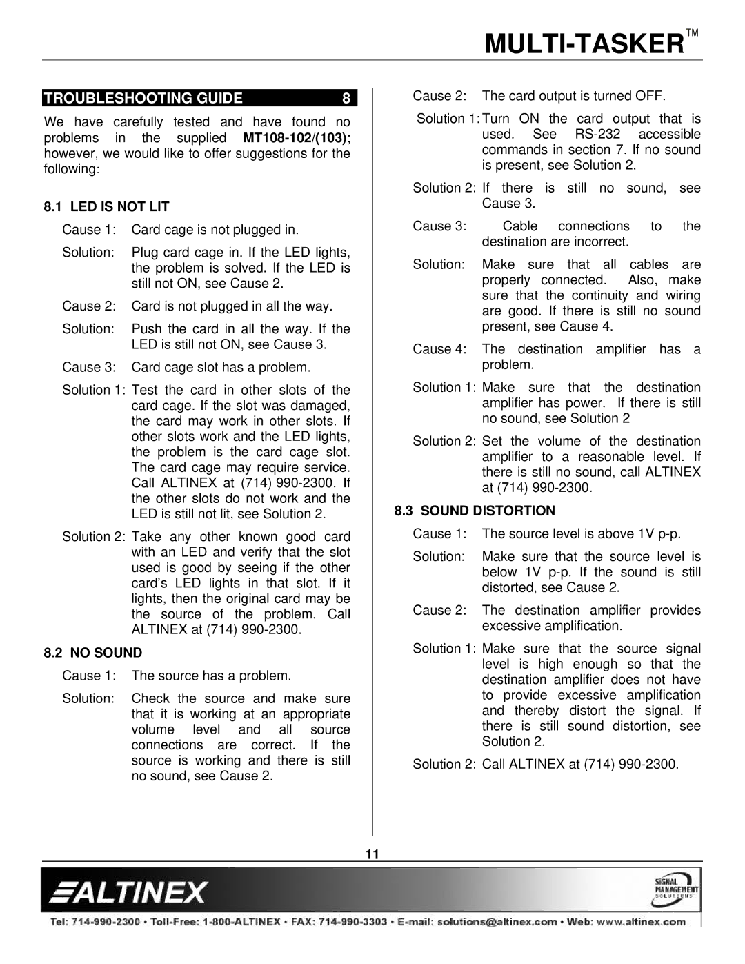 Altinex MT108-102 manual Troubleshooting Guide, LED is not LIT, No Sound, Sound Distortion 