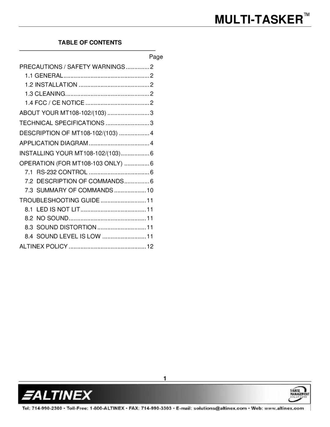 Altinex MT108-102 manual Table of Contents 