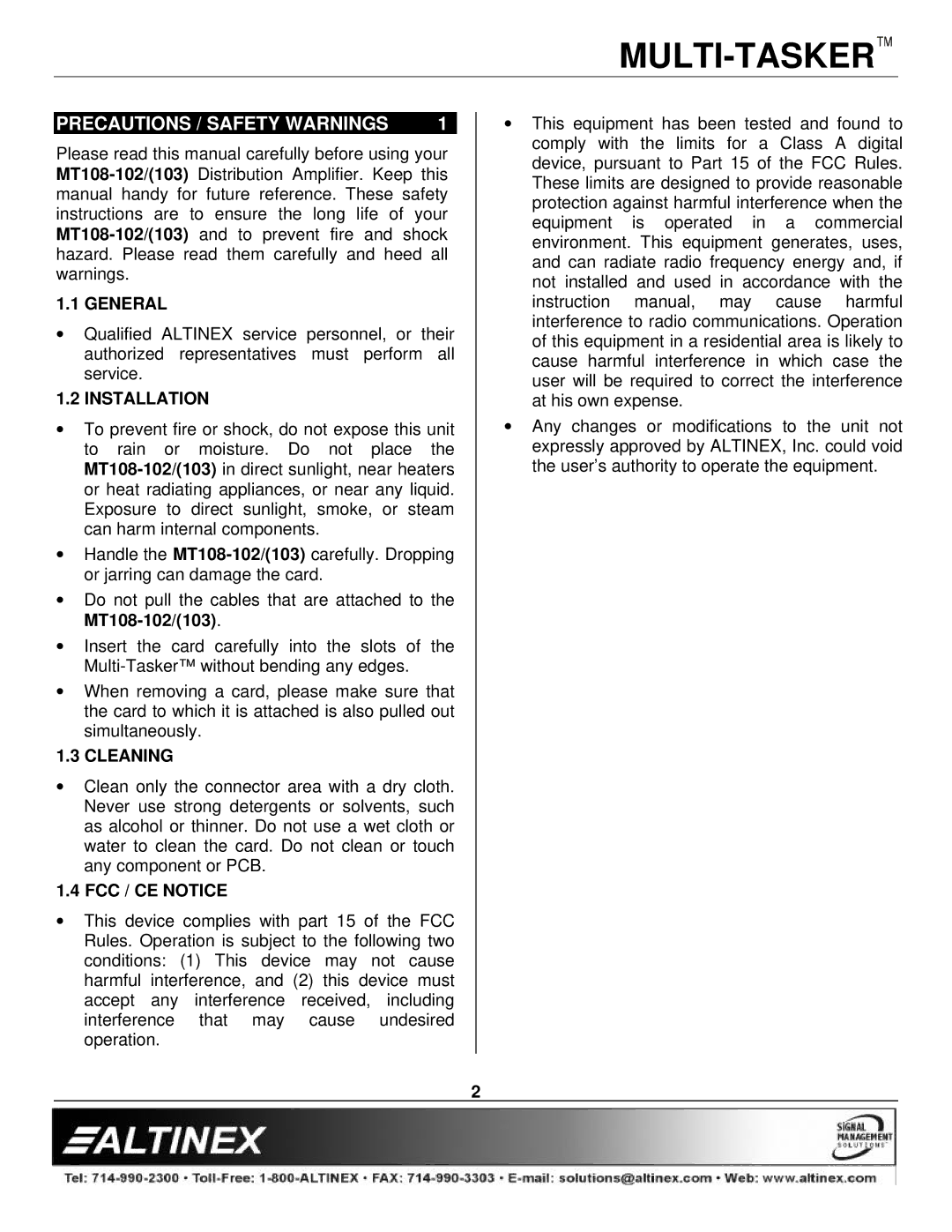 Altinex MT108-102 manual Precautions / Safety Warnings, General, Installation, Cleaning, FCC / CE Notice 