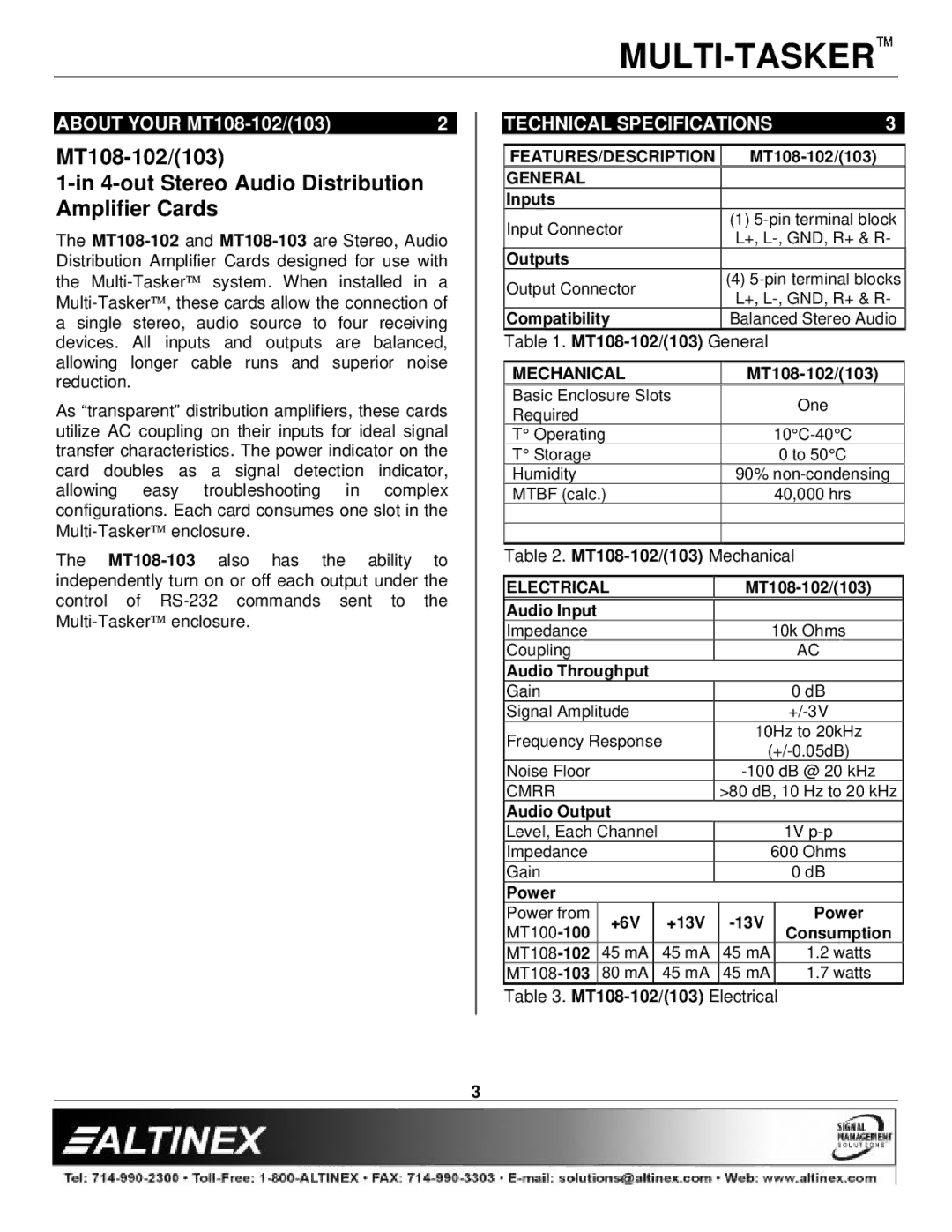 Altinex manual Technical Specifications, Mechanical, MT108-102/103 