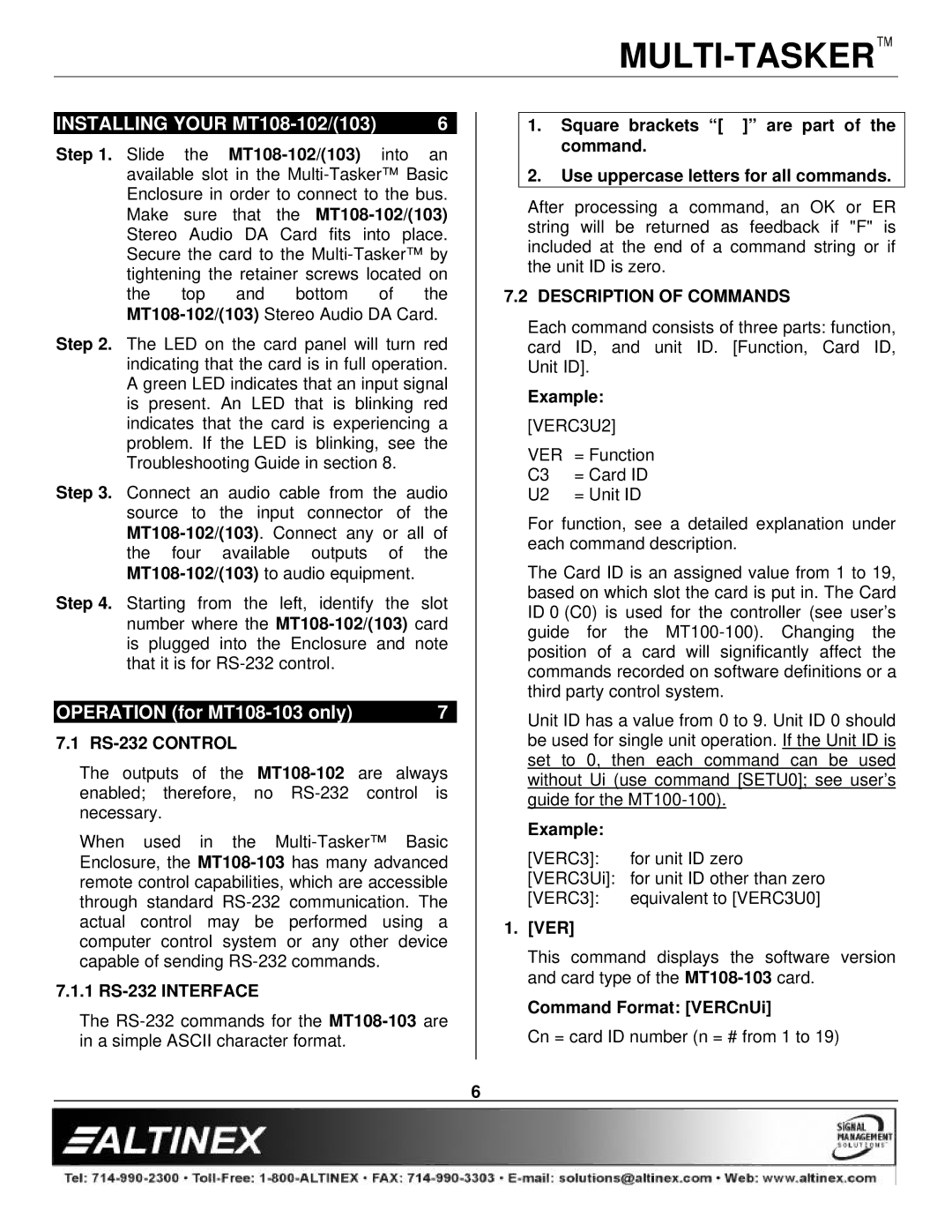 Altinex manual Installing Your MT108-102/103, Description of Commands 