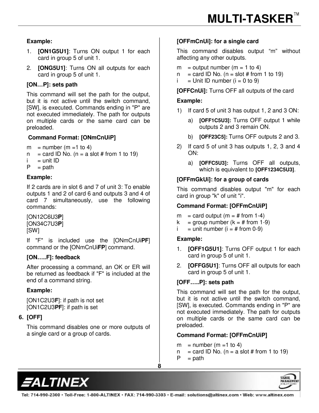 Altinex MT108-102 manual ON…P sets path, Command Format ONmCnUiP, ON…..F feedback, Off, OFFmCnUi for a single card 