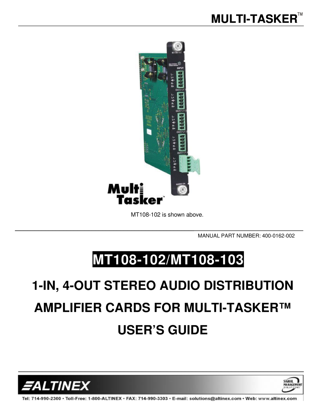 Altinex manual Multi-Tasker, MT108-102/MT108-103, 1-IN, 4-OUTSTEREO AUDIO DISTRIBUTION 
