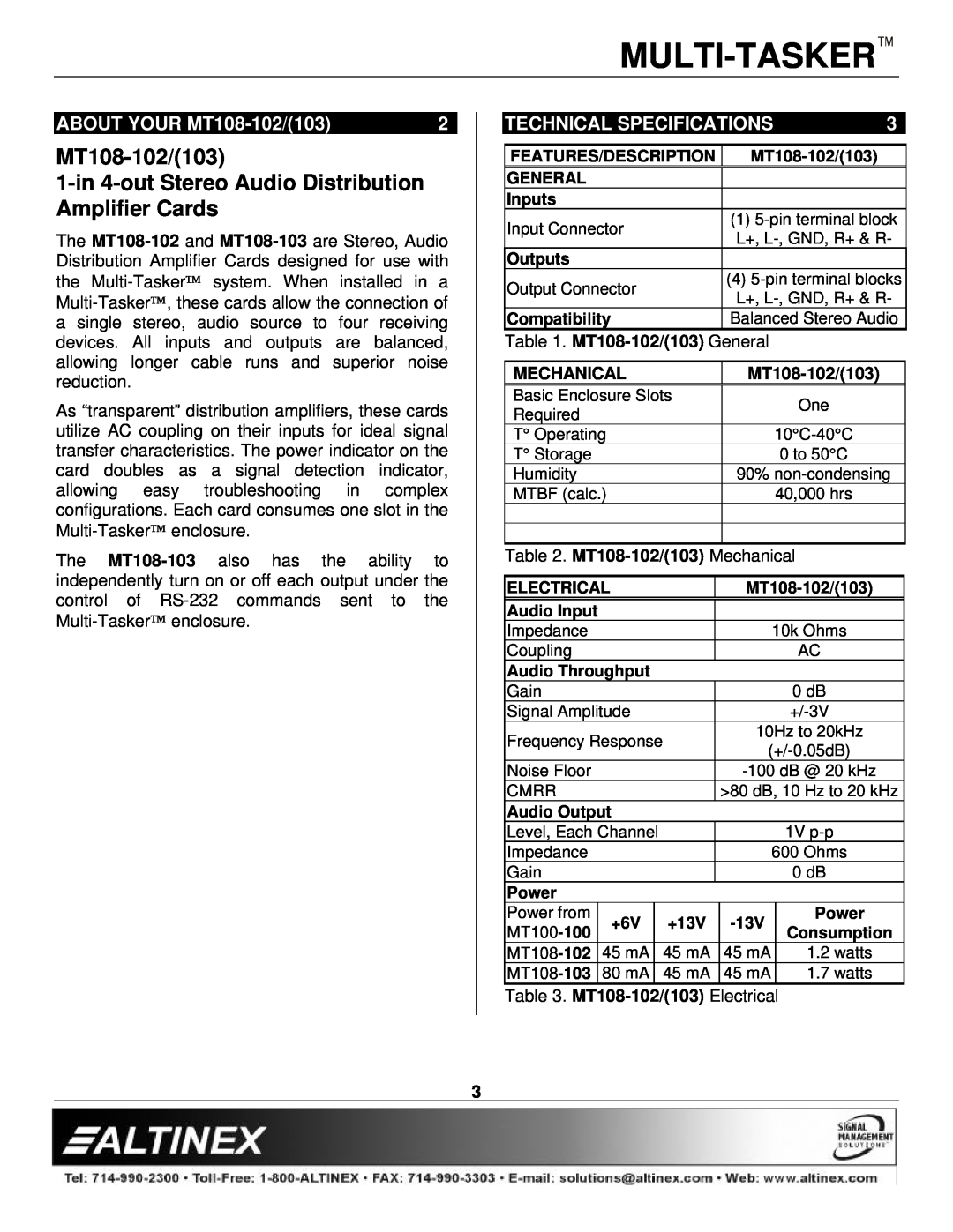 Altinex manual ABOUT YOUR MT108-102/103, Technical Specifications, Multi-Tasker, Amplifier Cards 
