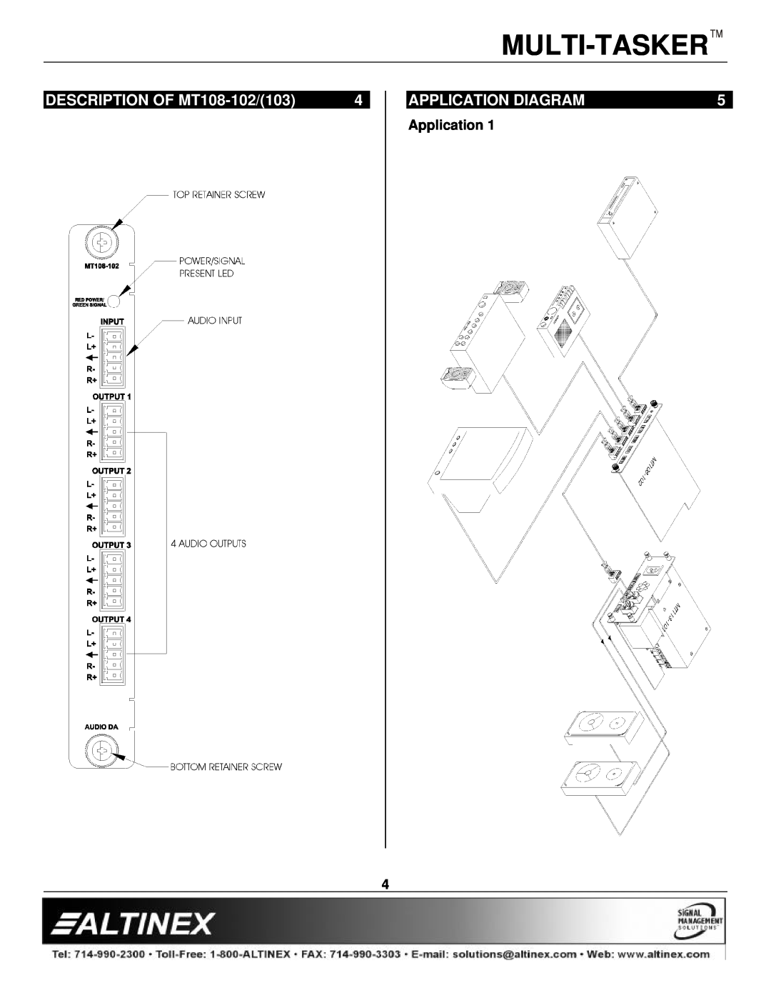 Altinex manual DESCRIPTION OF MT108-102/103, Application Diagram, Multi-Tasker 