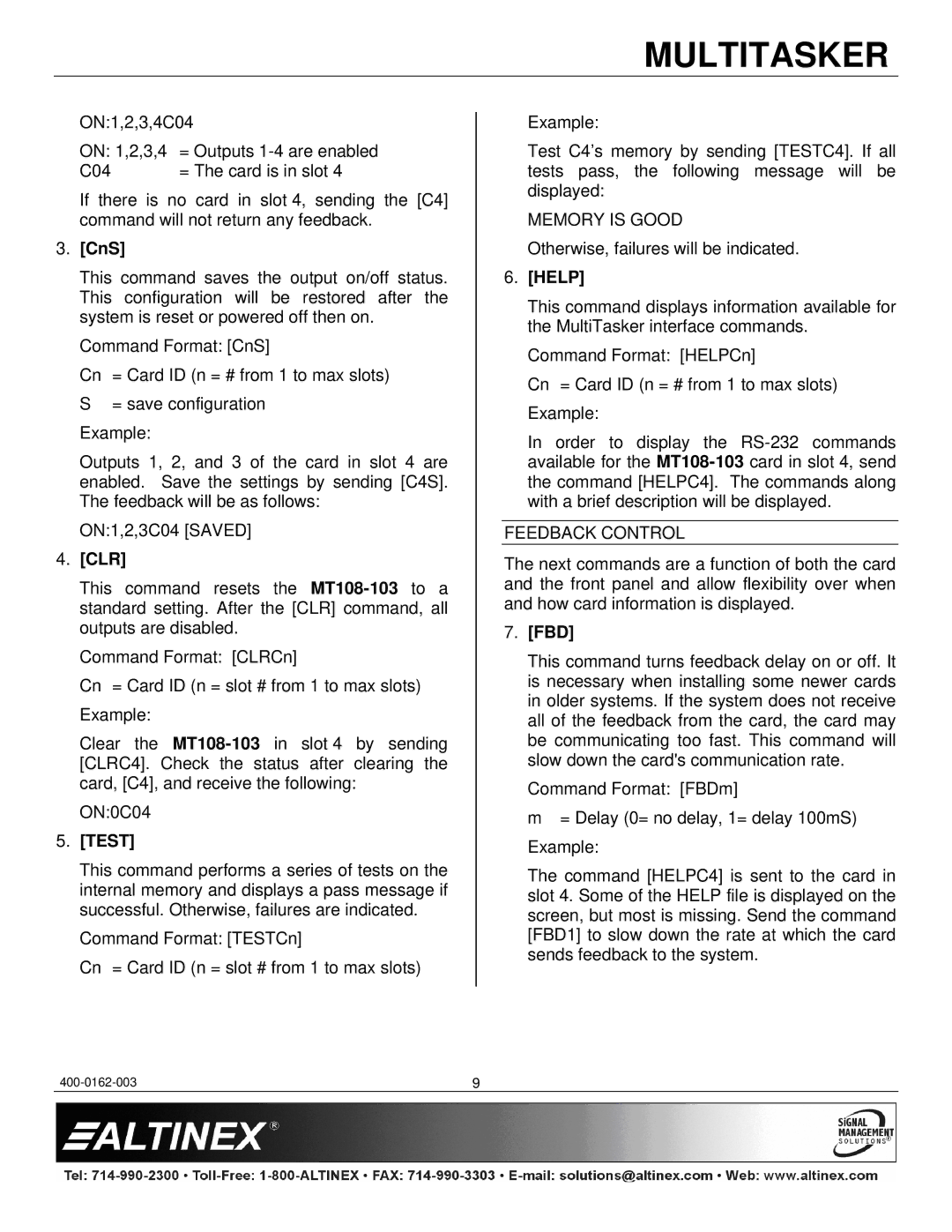 Altinex MT108-103 manual CnS, Clr, Test, Help, Fbd 